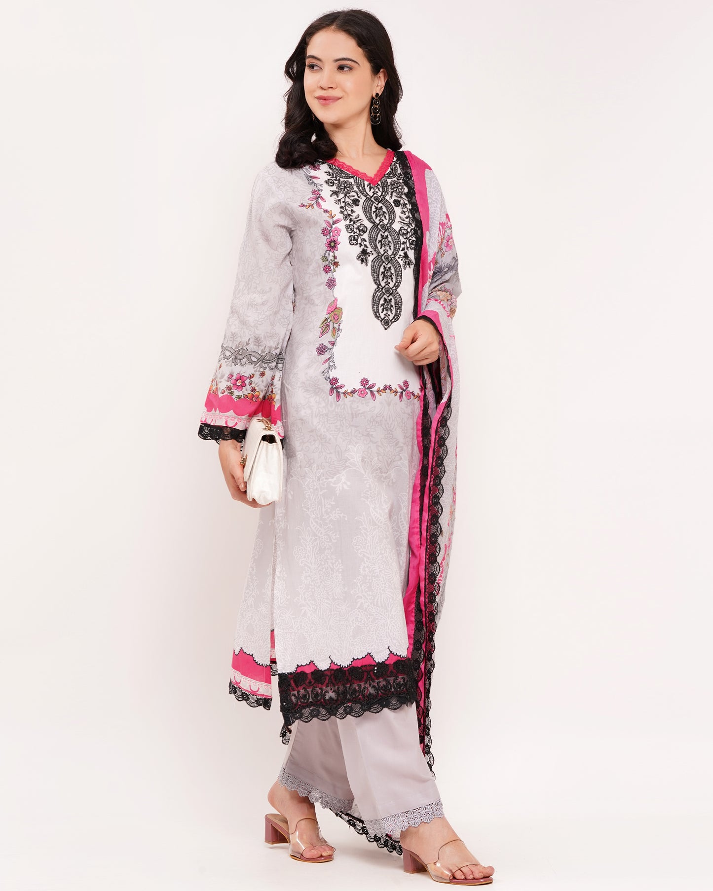 Grey Pakistani Lawn Cotton Suit Suit With Half-Lined (1841)