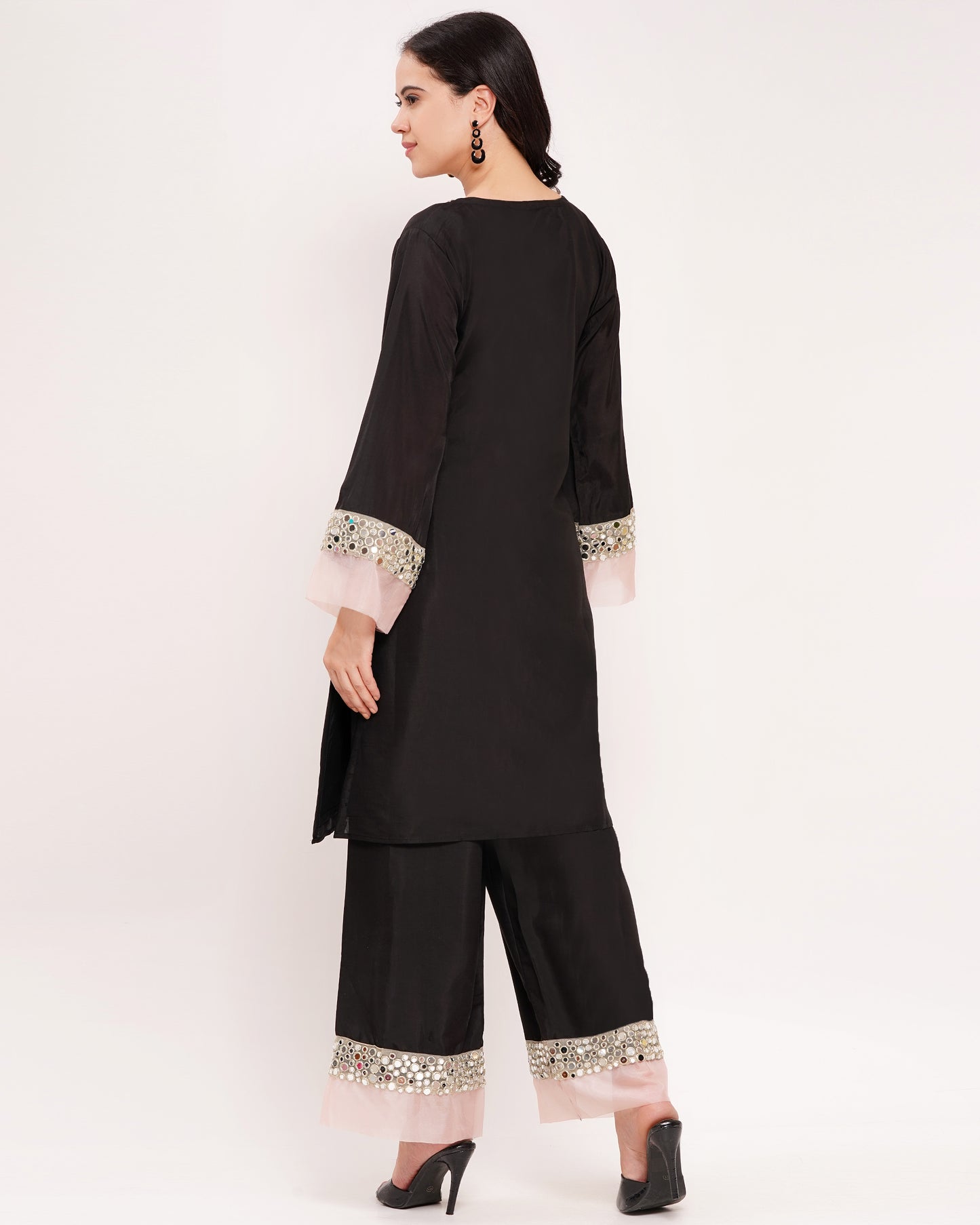 Women's Black Roman Silk Co-Ord Set with Mirror Work #1384