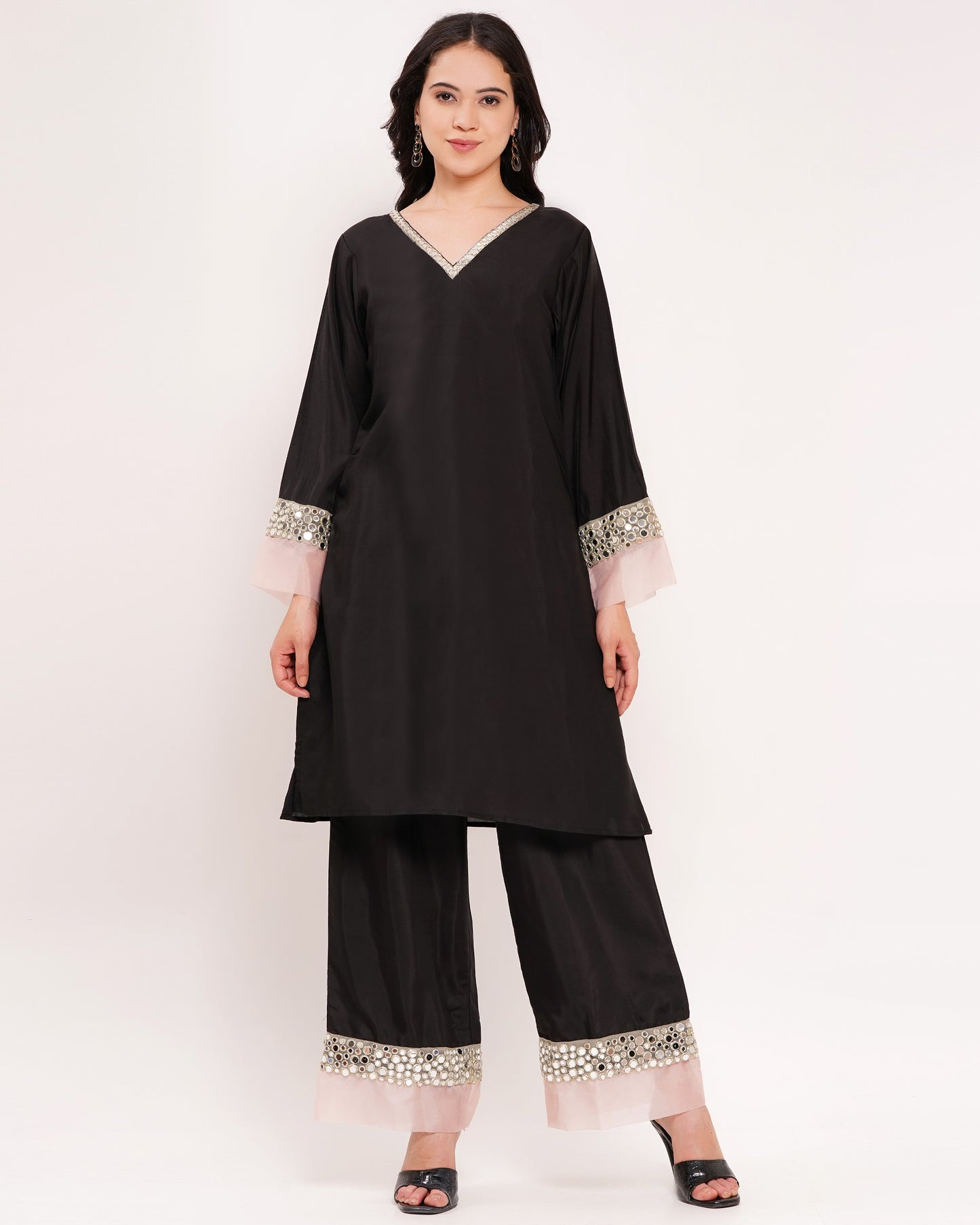 Women's Black Roman Silk Co-Ord Set with Mirror Work #1384