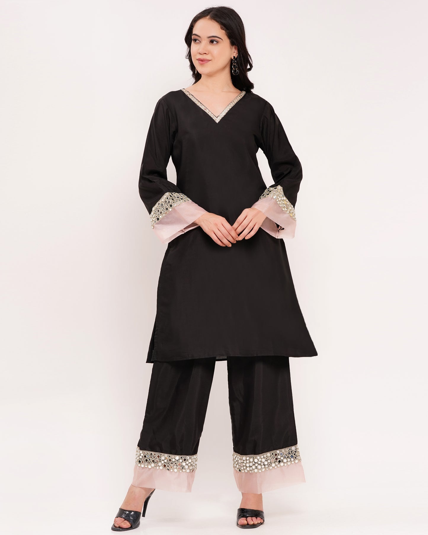 Women's Black Roman Silk Co-Ord Set with Mirror Work #1384