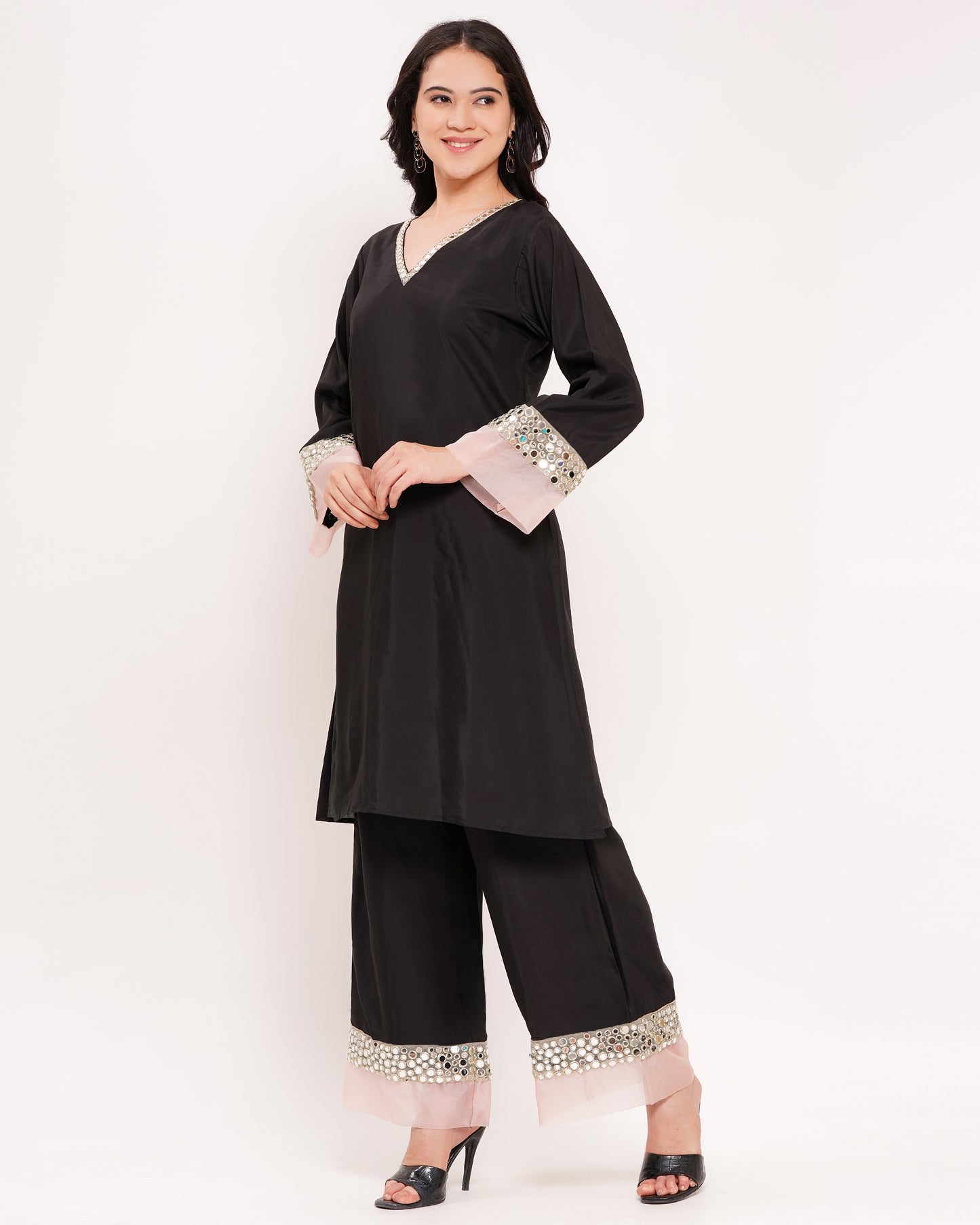 Women's Black Roman Silk Co-Ord Set with Mirror Work #1384