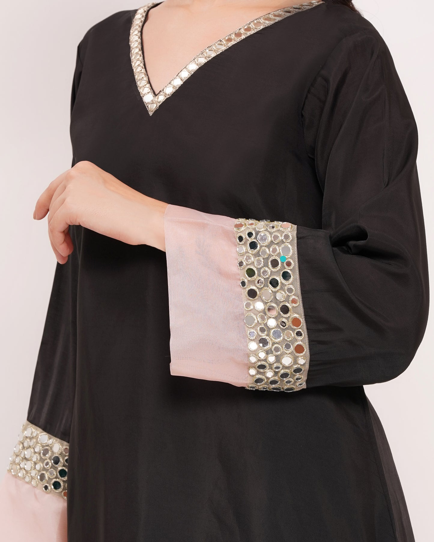 Women's Black Roman Silk Co-Ord Set with Mirror Work #1384