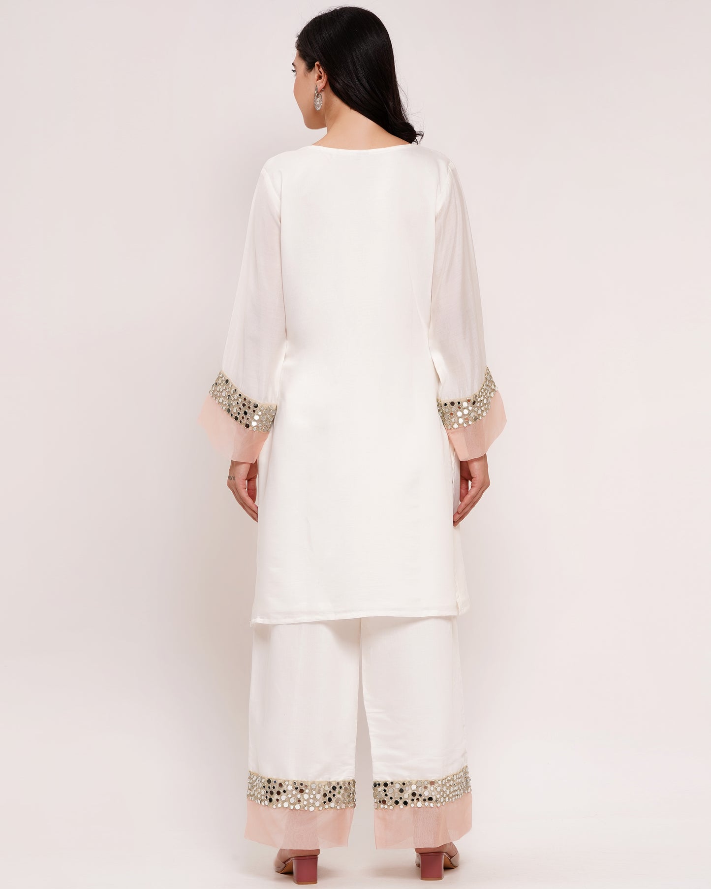 Off-White Roman Silk Co-Ord Set with Mirror Work #1385