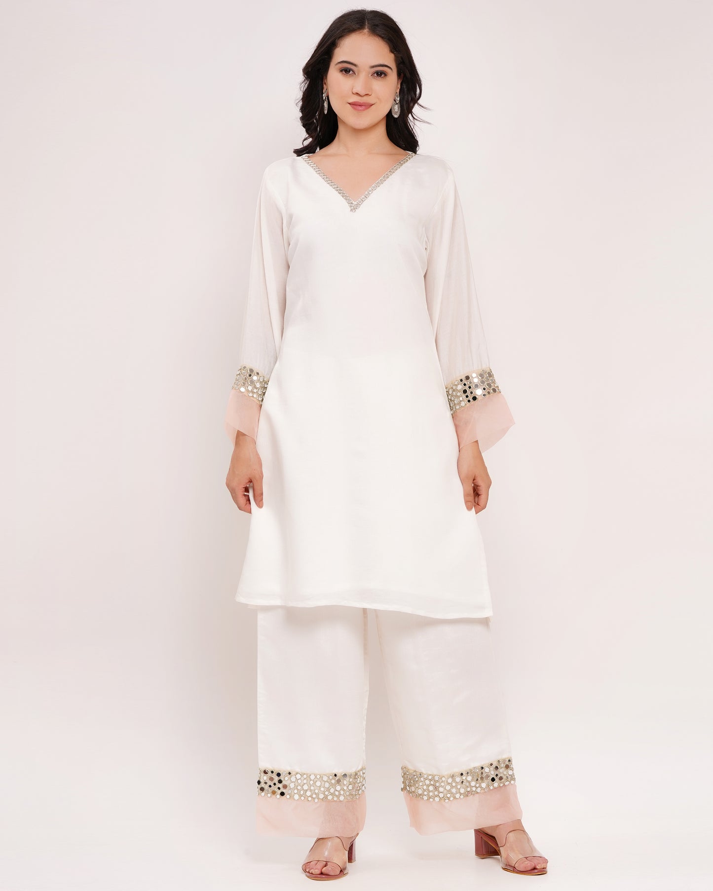 Off-White Roman Silk Co-Ord Set with Mirror Work #1385