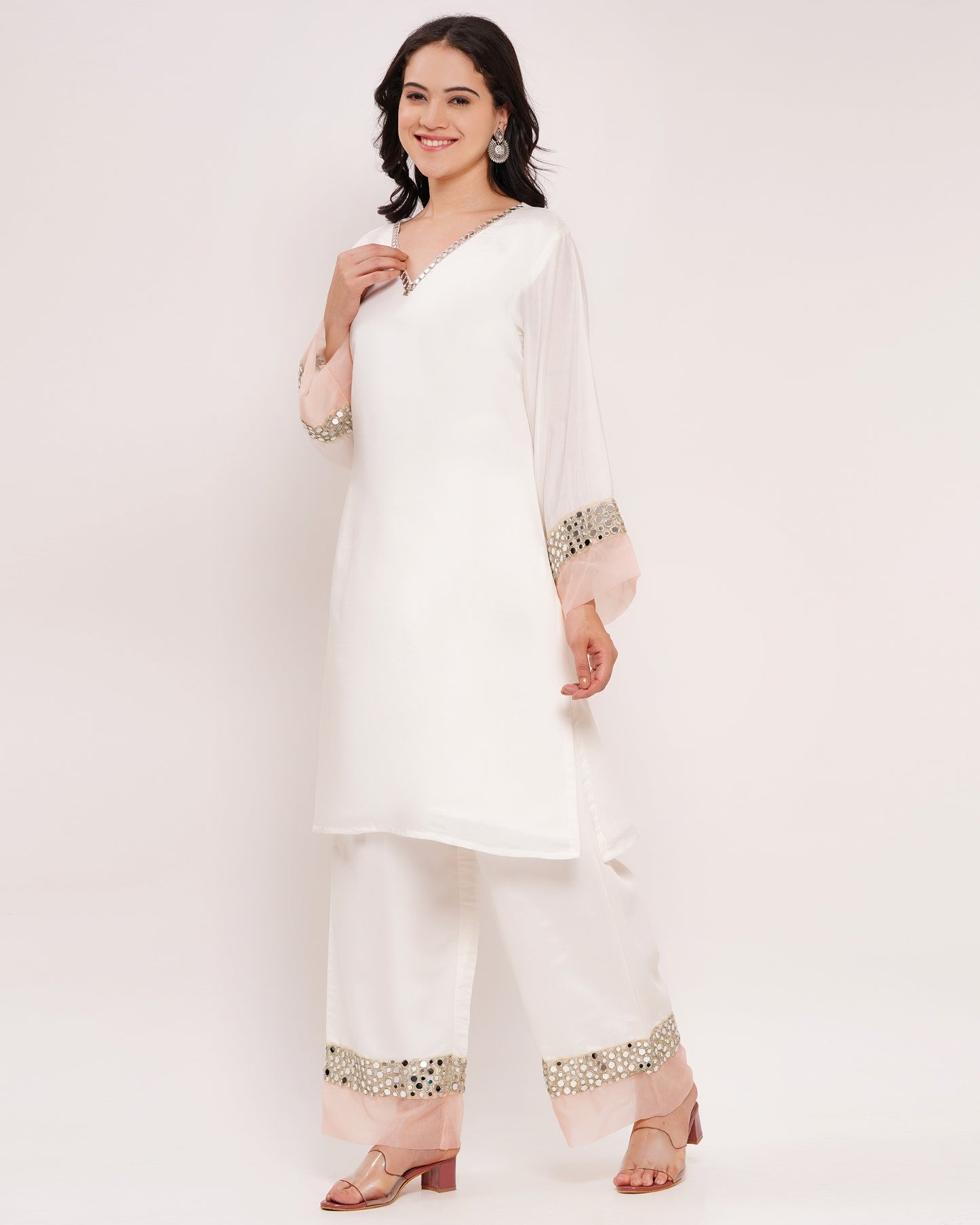 Off-White Roman Silk Co-Ord Set with Mirror Work #1385