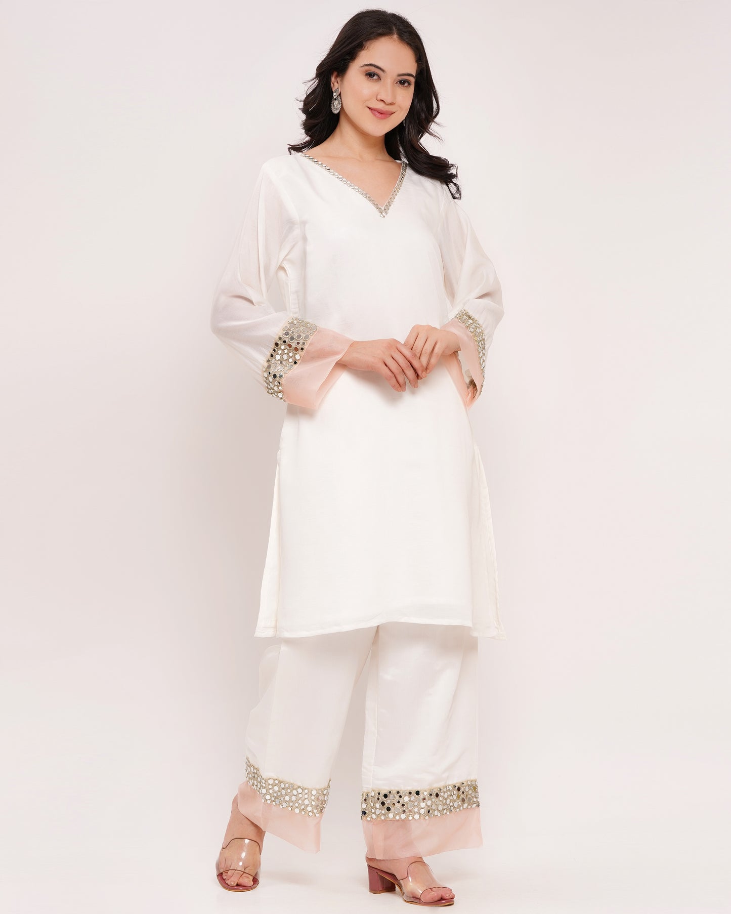 Off-White Roman Silk Co-Ord Set with Mirror Work #1385