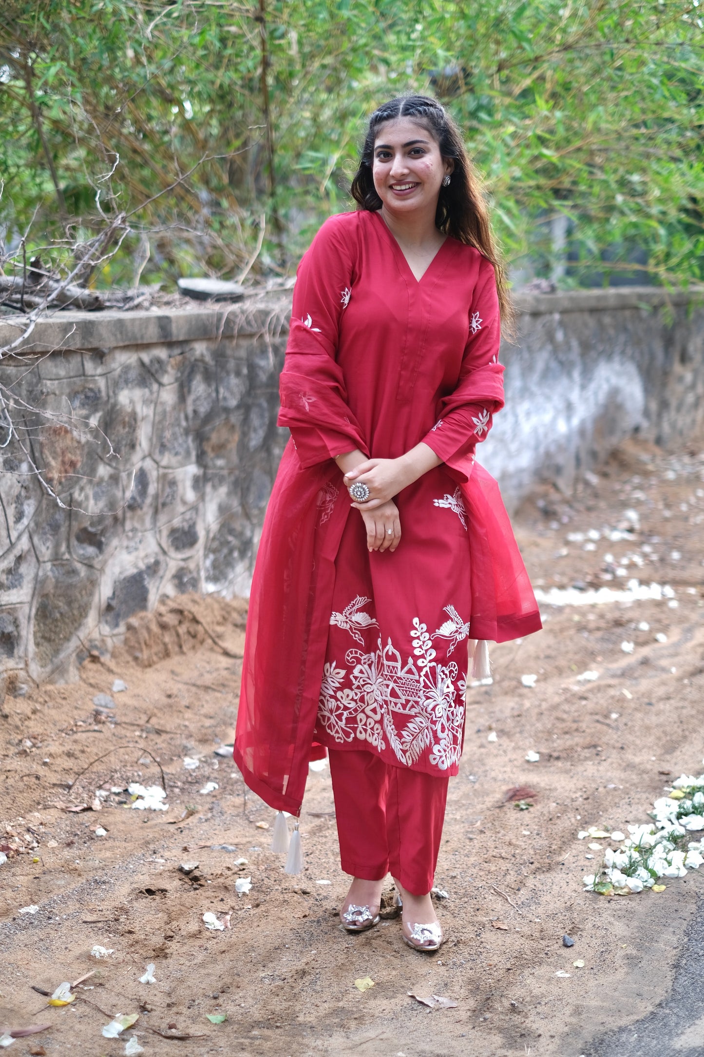 Red Roman Silk Embroidered Suit Set #1444