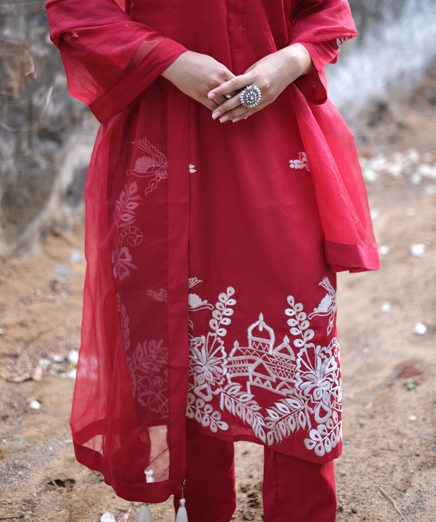 Red Roman Silk Embroidered Suit Set #1444