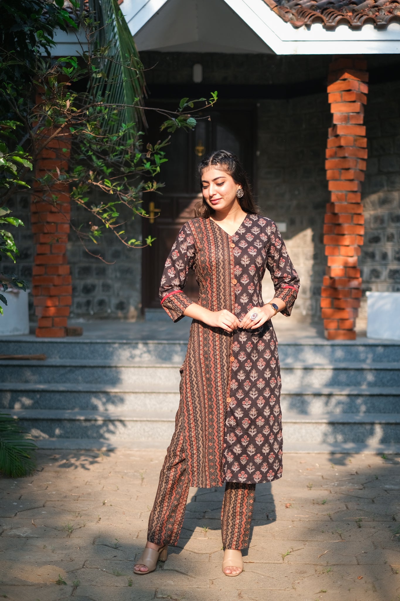 Black Cotton Half & Half Print Kurta Set #1393