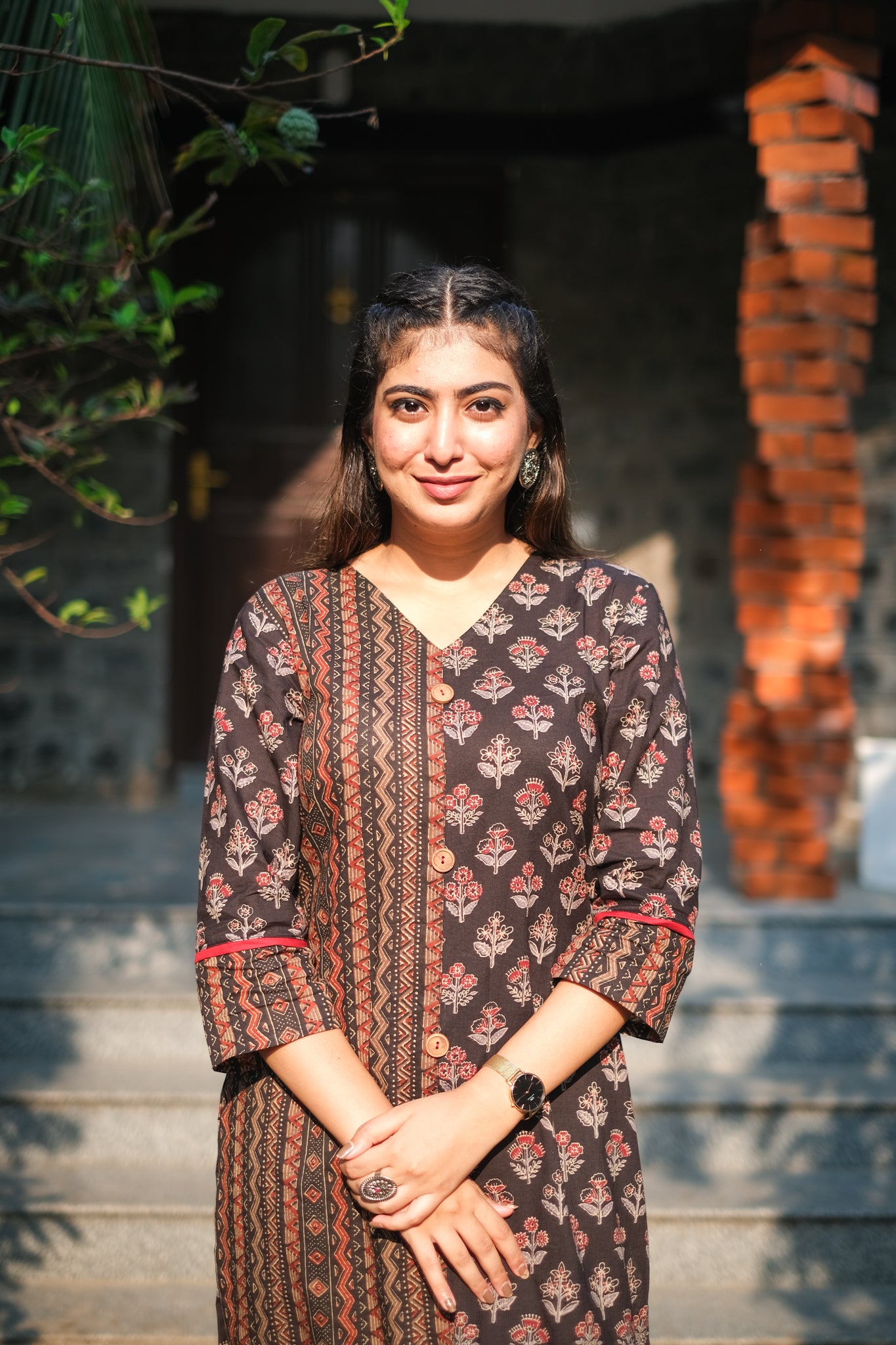 Black Cotton Half & Half Print Kurta Set #1393