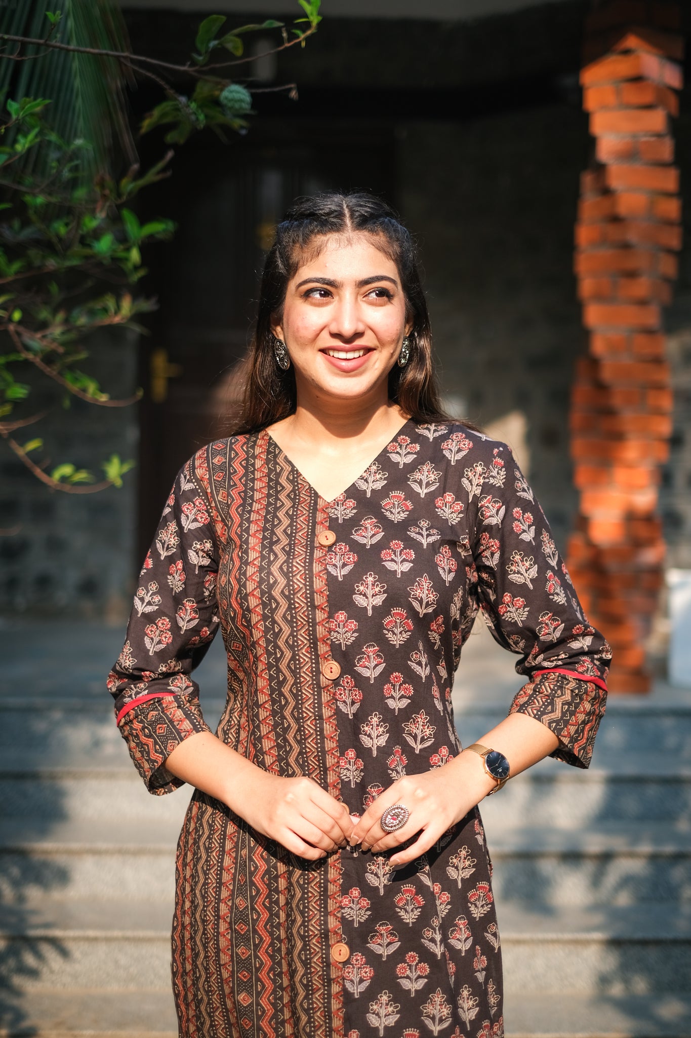 Black Cotton Half & Half Print Kurta Set #1393