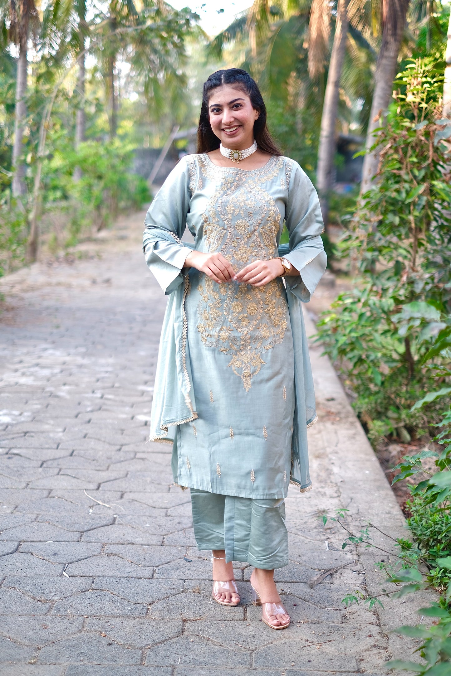Green Pakistani Zari Work Suit Set #1431