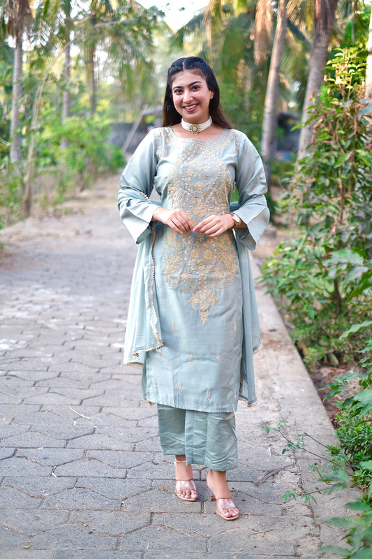 Green Pakistani Zari Work Suit Set #1431