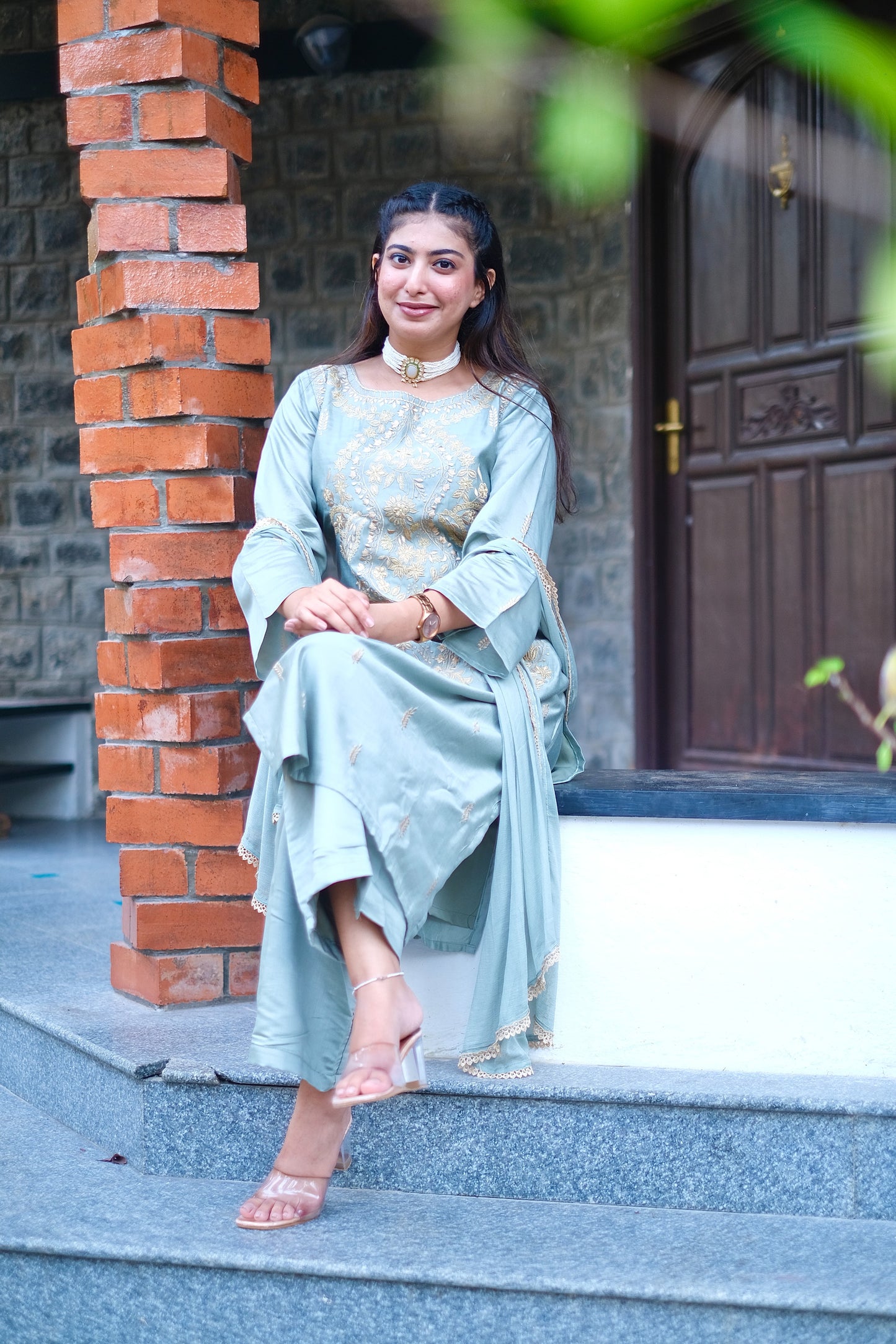 Green Pakistani Zari Work Suit Set #1431