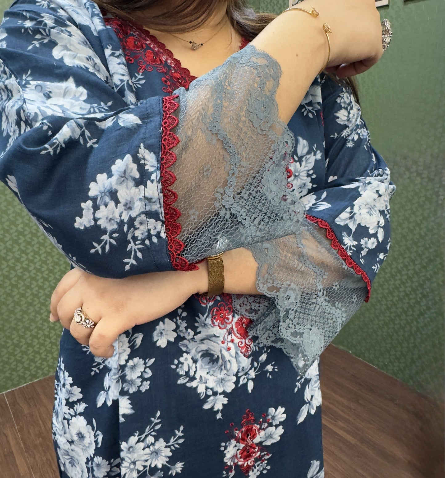Navy Blue Floral Lawn Cotton Pakistani Suit Set #1831