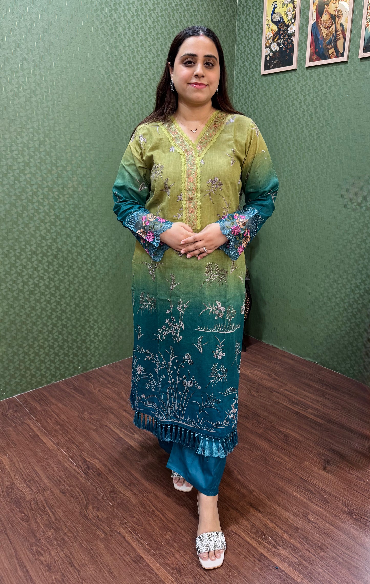 Green & Teal Ombre Pakistani Lawn Cotton Suit #1820