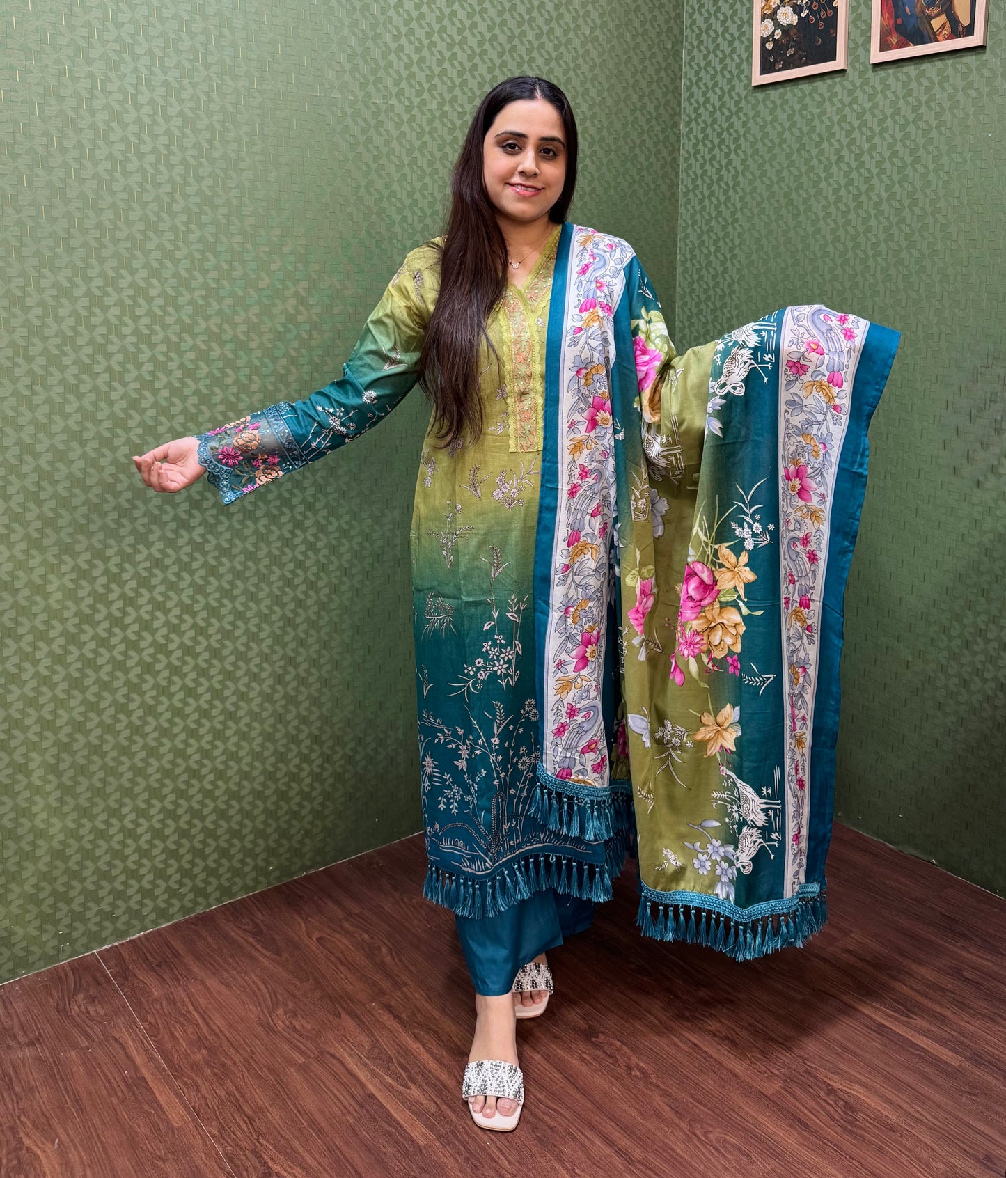 Green & Teal Ombre Pakistani Lawn Cotton Suit #1820