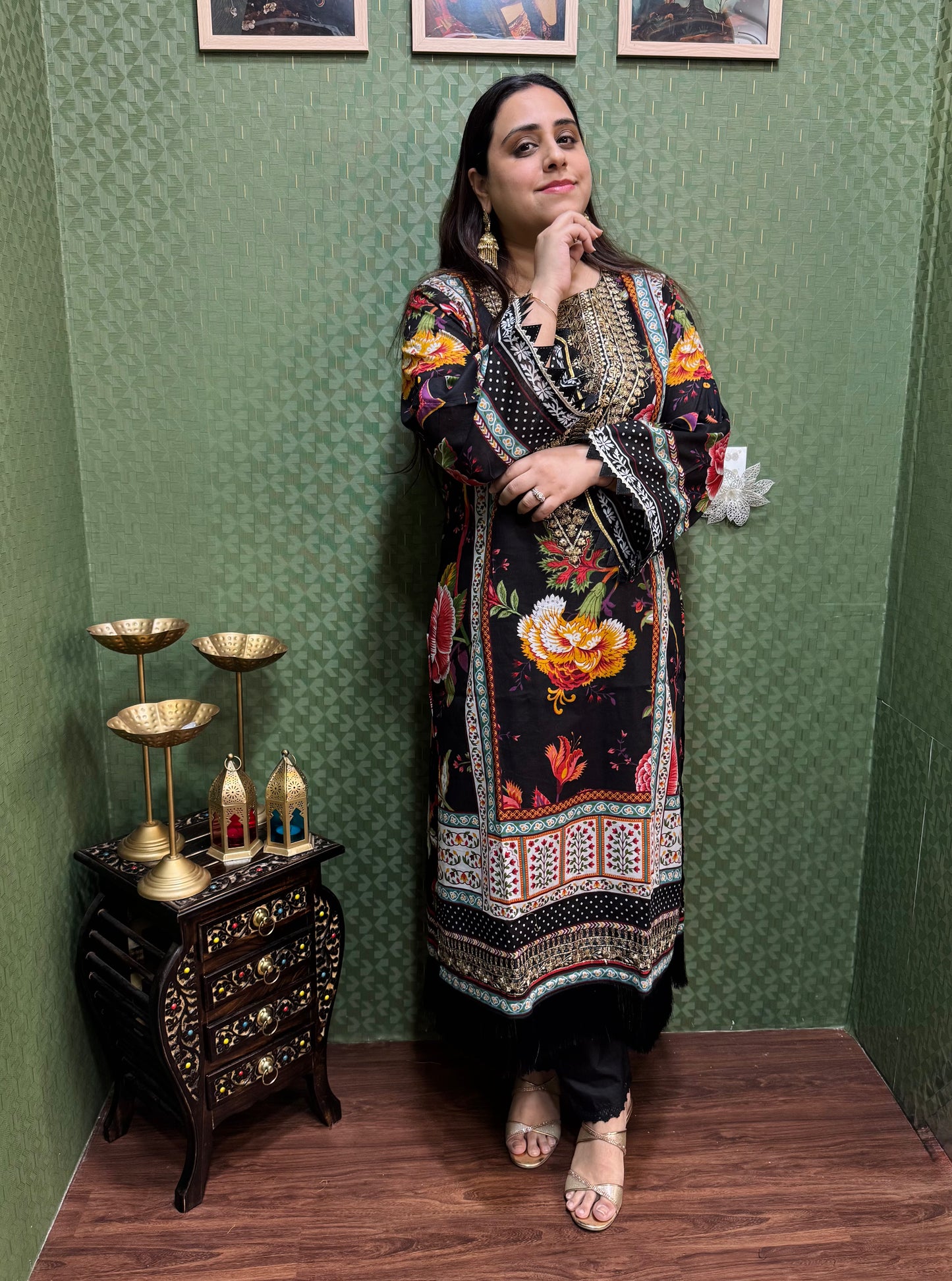 Black Lawn Cotton Pakistani Suit With Gold Embroidery #1824