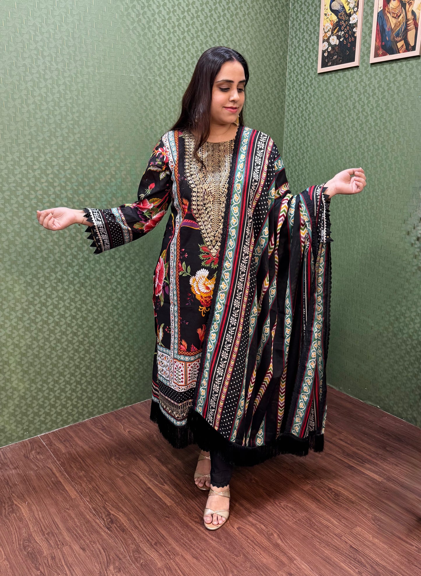 Black Lawn Cotton Pakistani Suit With Gold Embroidery #1824