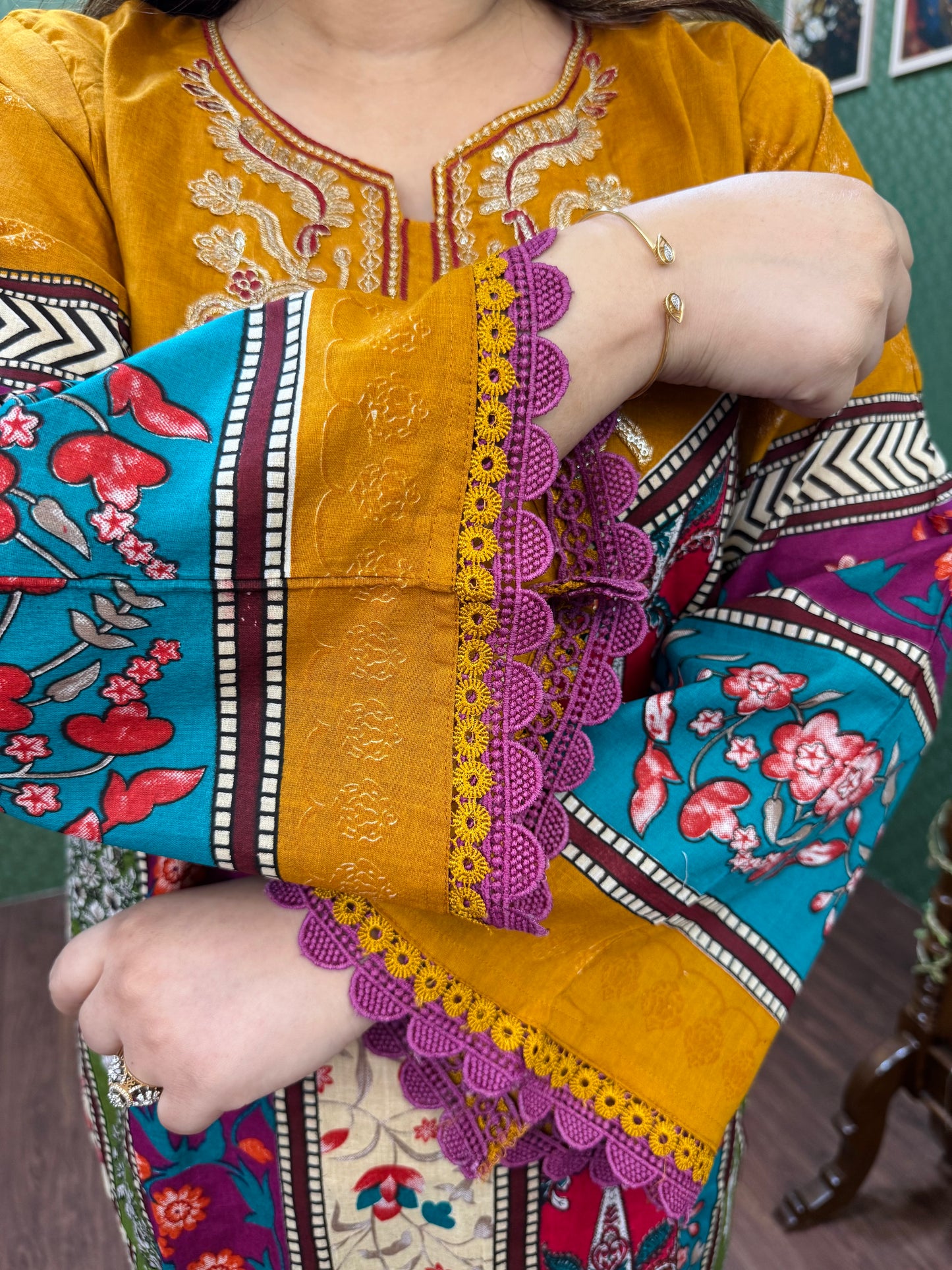 Multicolor Lawn Cotton Pakistani Suit with Mustard Sleeves #1827