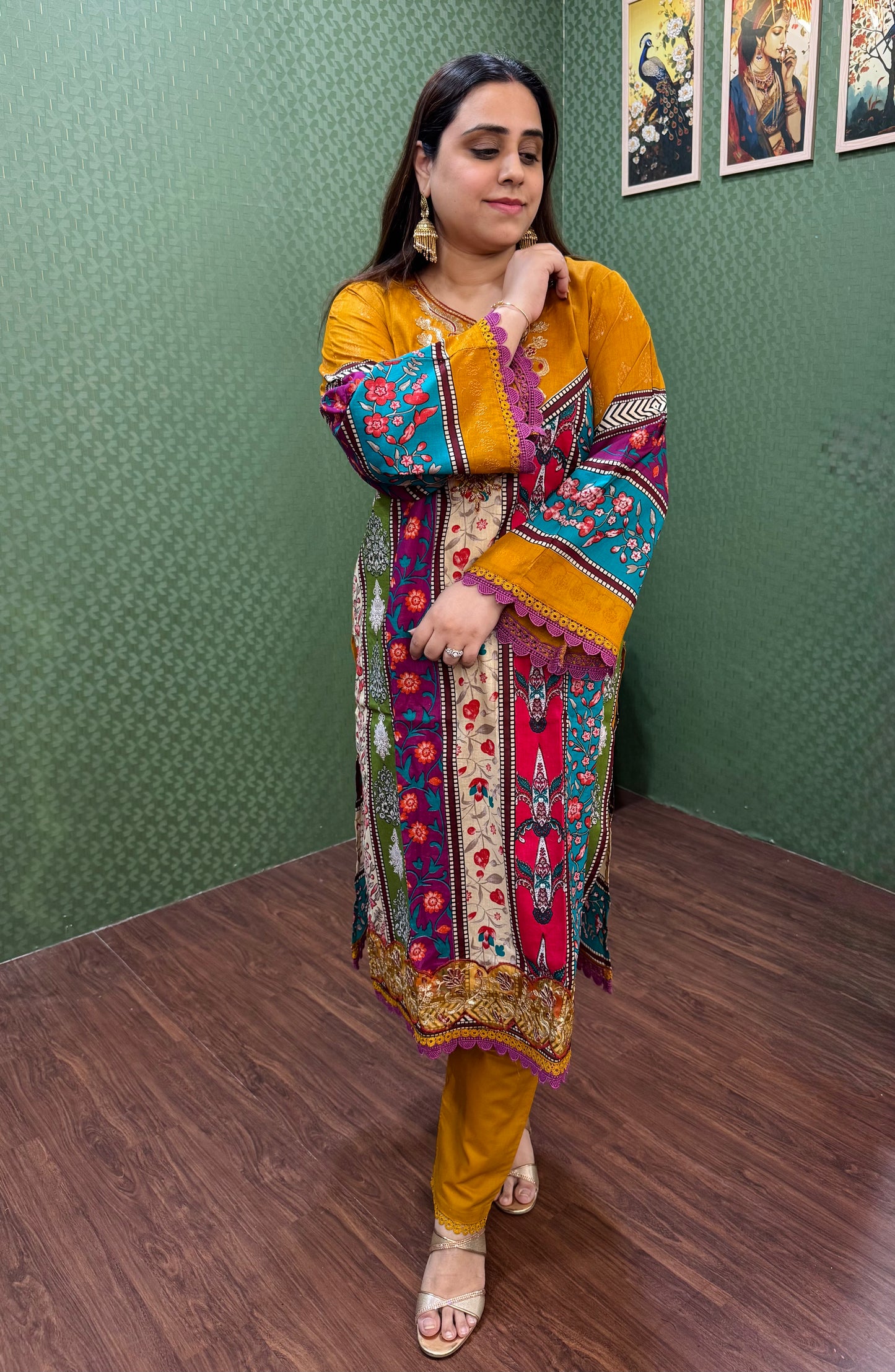 Multicolor Lawn Cotton Pakistani Suit with Mustard Sleeves #1827