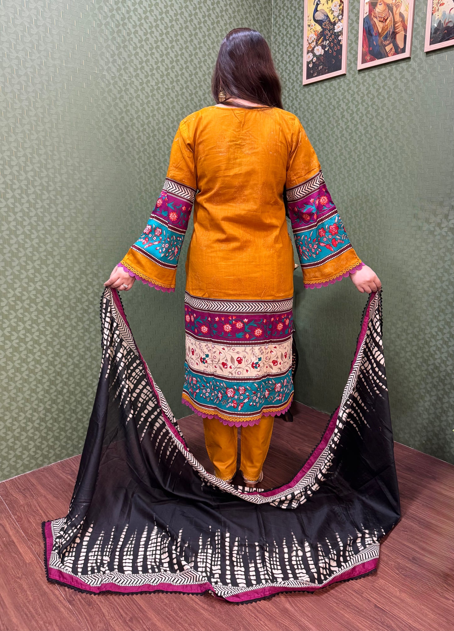 Multicolor Lawn Cotton Pakistani Suit with Mustard Sleeves #1827