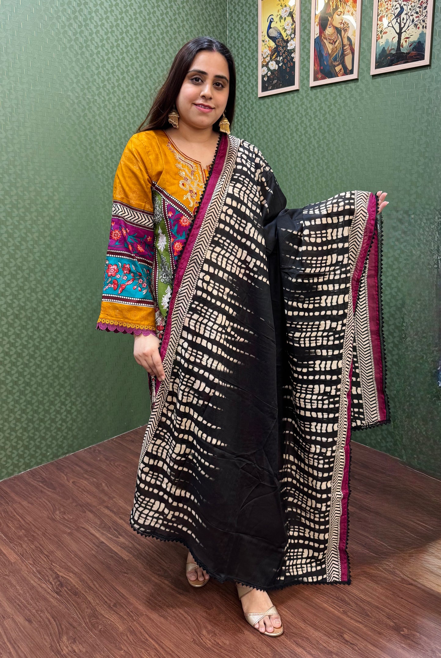 Multicolor Lawn Cotton Pakistani Suit with Mustard Sleeves #1827
