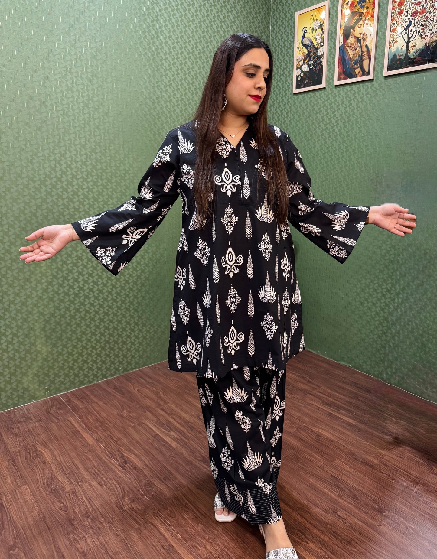 Black Pure Cotton Farshi Salwar A-Line Co-Ord Set #1819