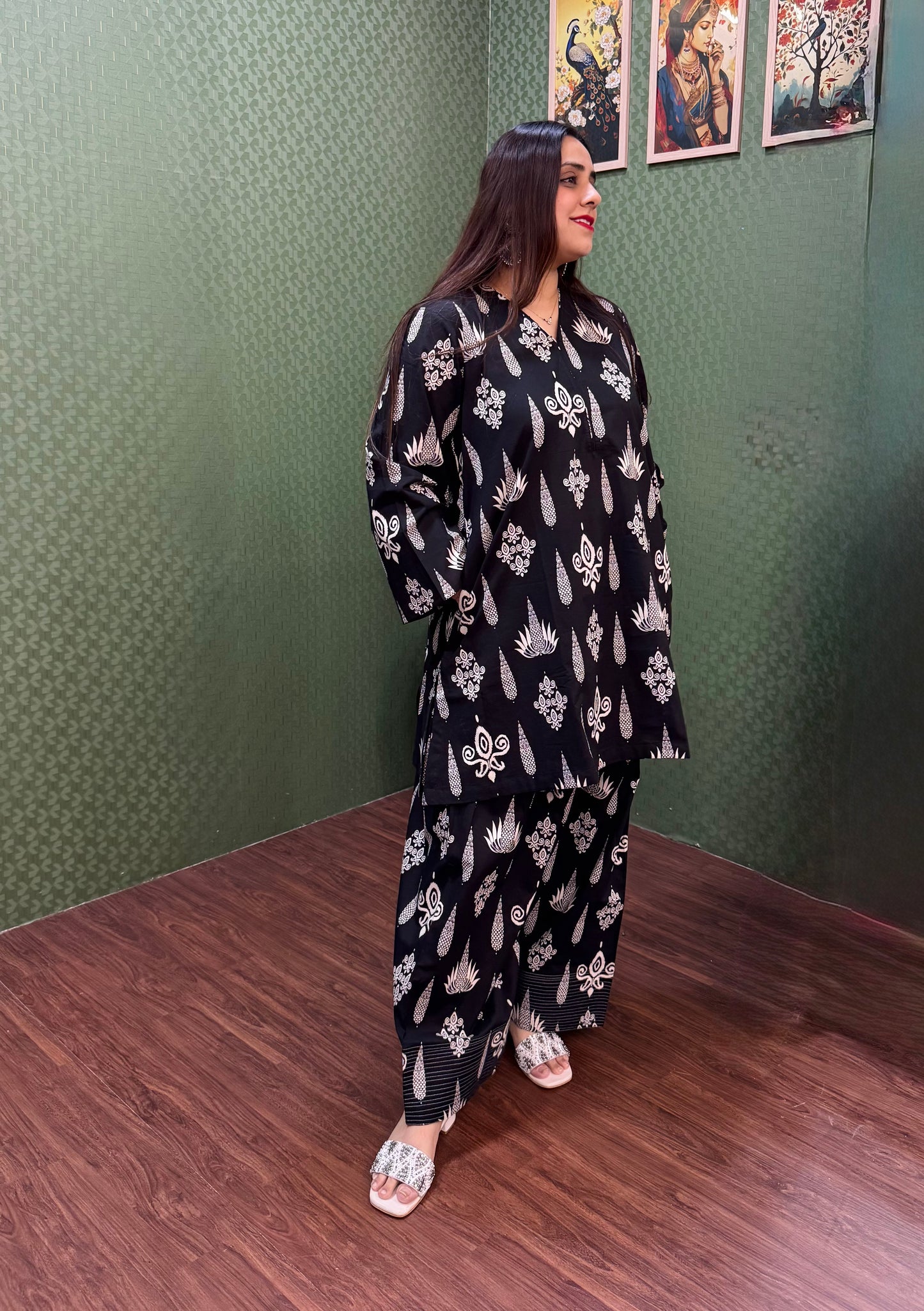 Black Pure Cotton Farshi Salwar A-Line Co-Ord Set #1819