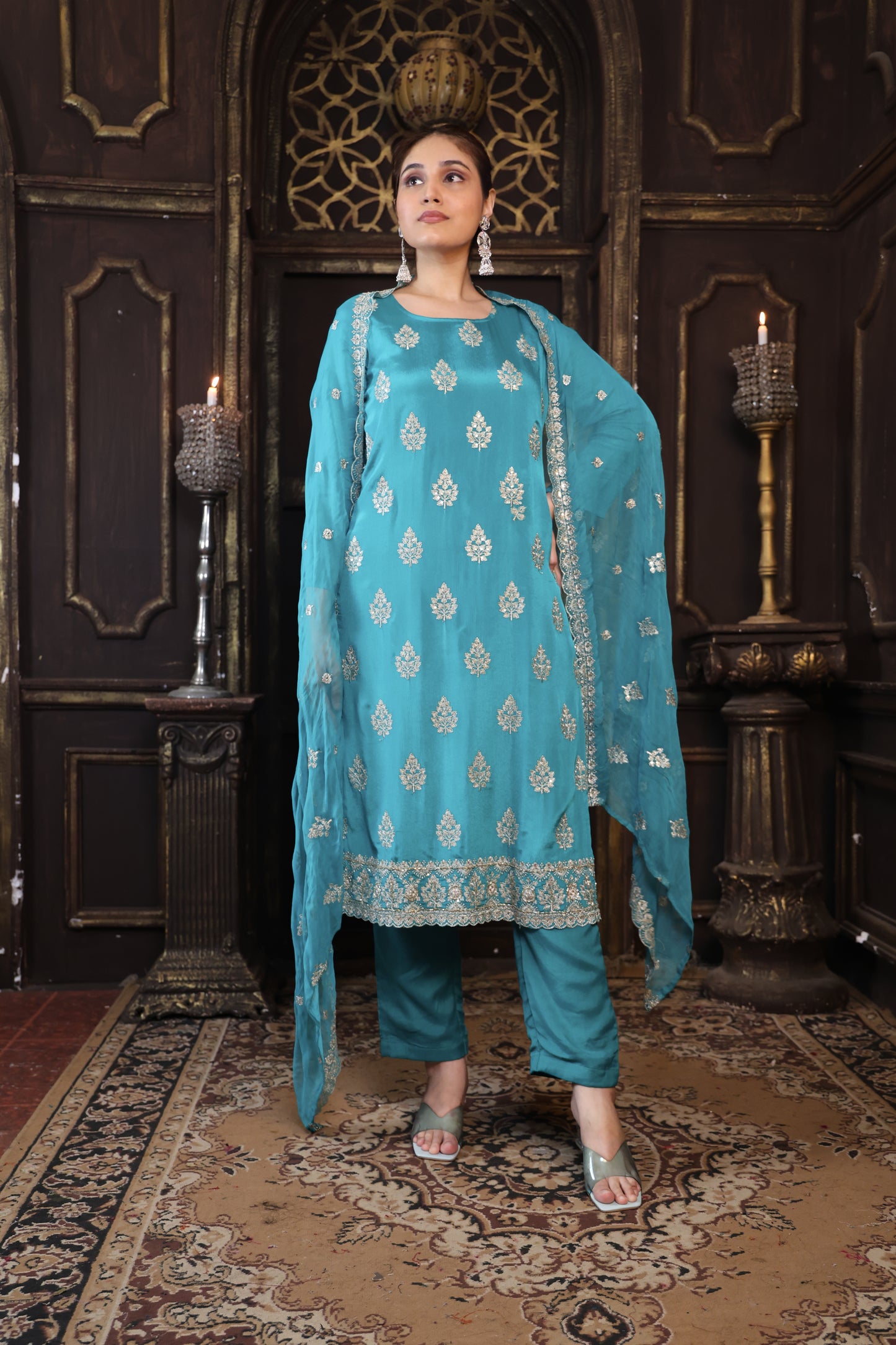 Green Chinon Suit Set with Zari & Sequin Elegance #1677