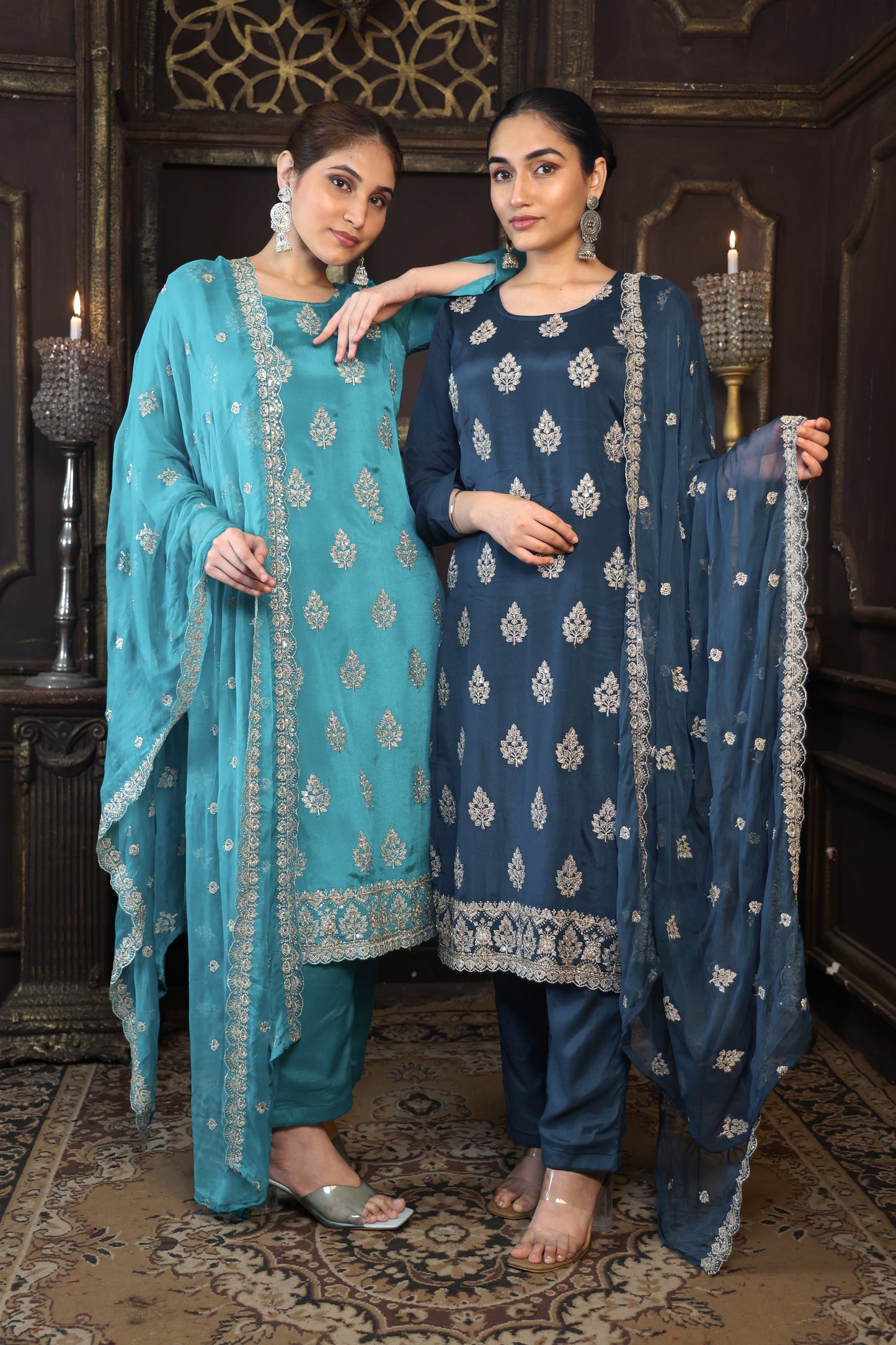 Green Chinon Suit Set with Zari & Sequin Elegance #1677