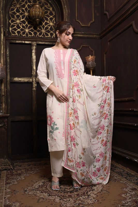Pink and White Floral Pure Linen Suit Set with Muslin Dupatta #1607
