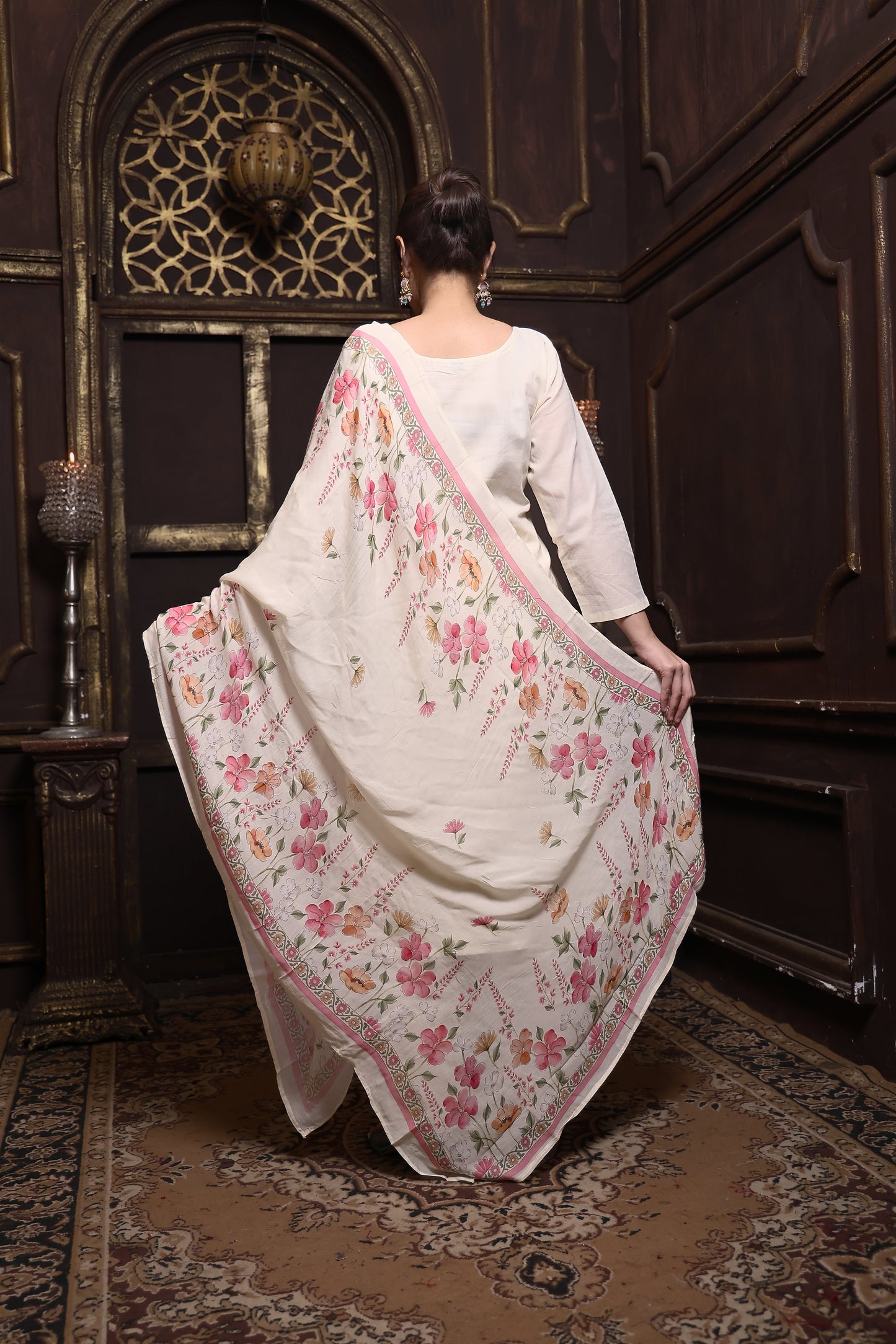 Pink and White Floral Pure Linen Suit Set with Muslin Dupatta #1607