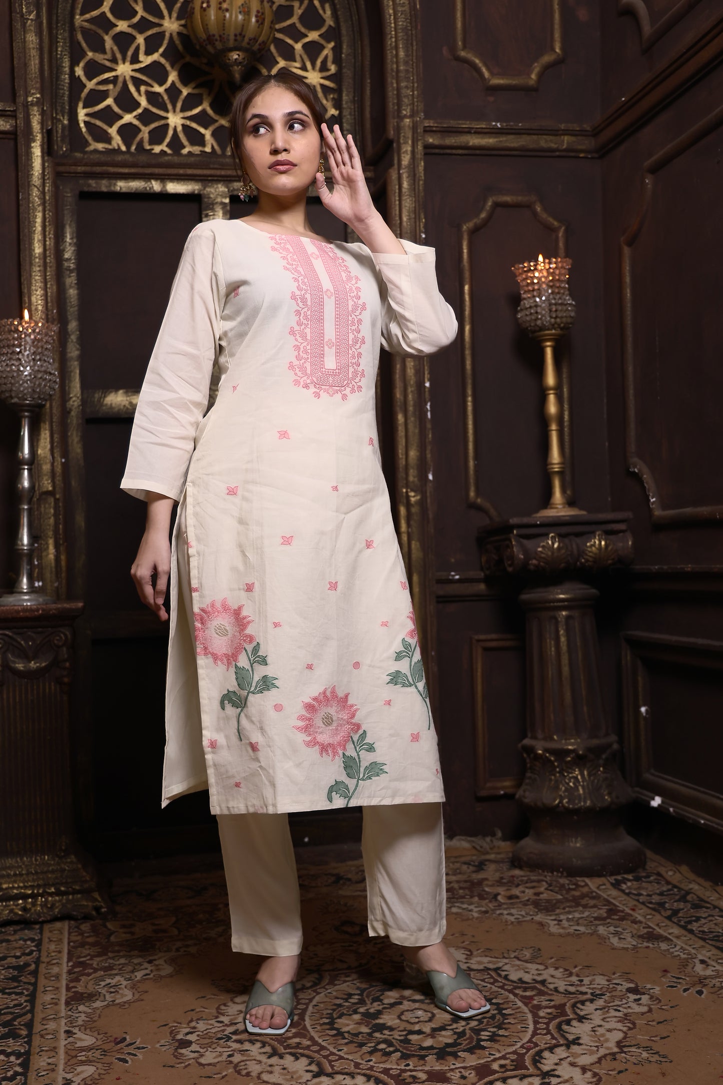 Pink and White Floral Pure Linen Suit Set with Muslin Dupatta #1607
