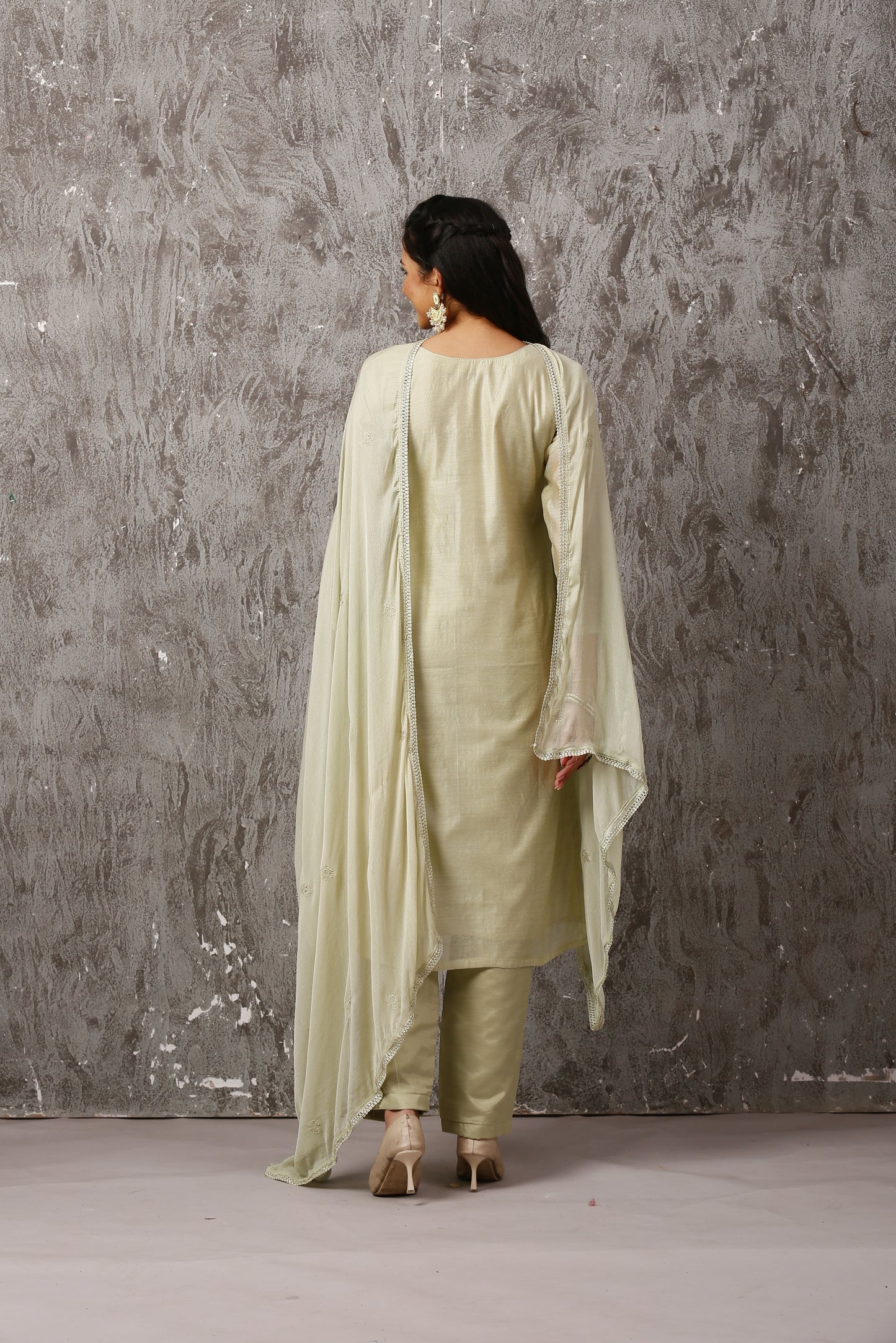 Pista Green Chanderi Embroidered Suit Set #1652