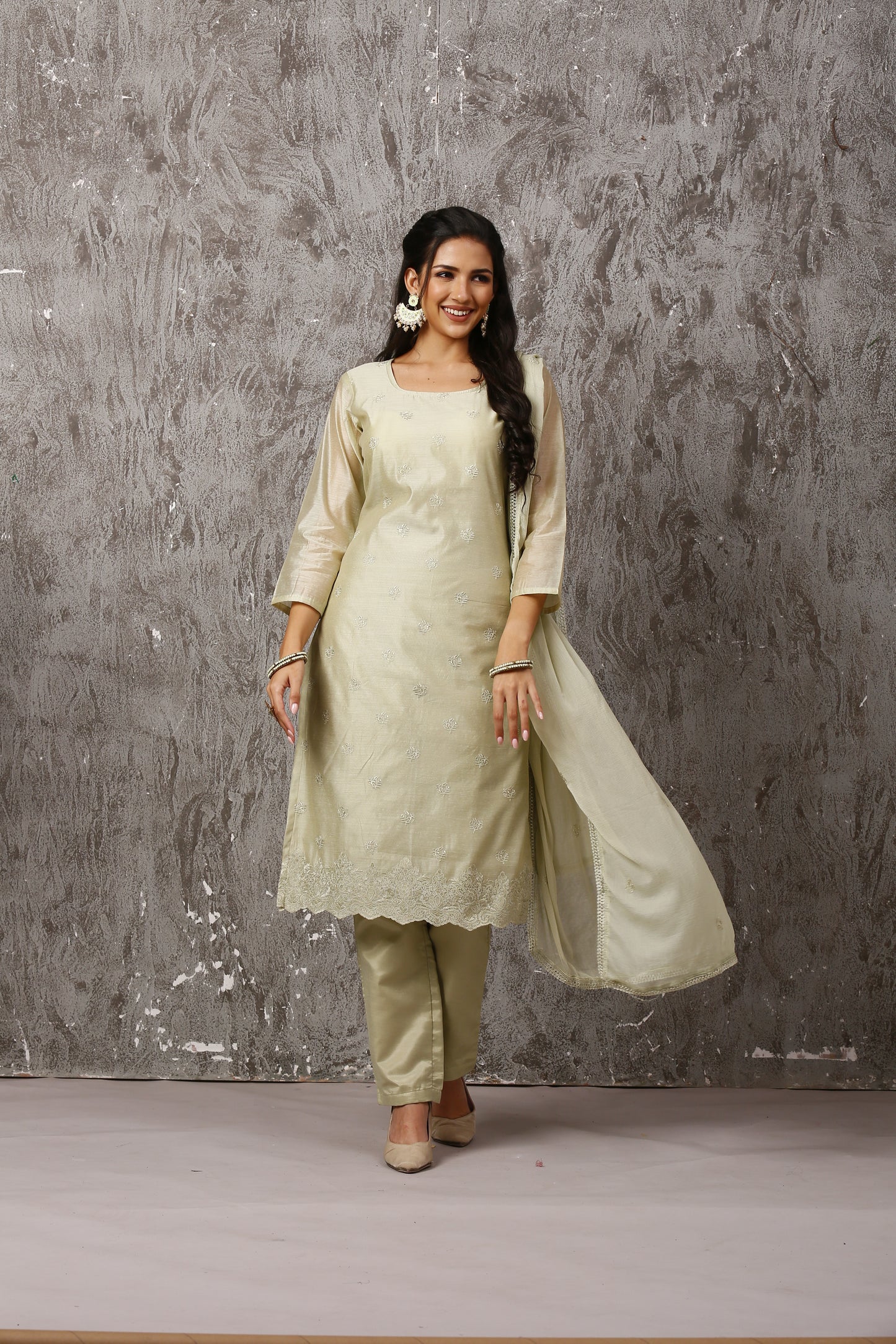 Pista Green Chanderi Embroidered Suit Set #1652