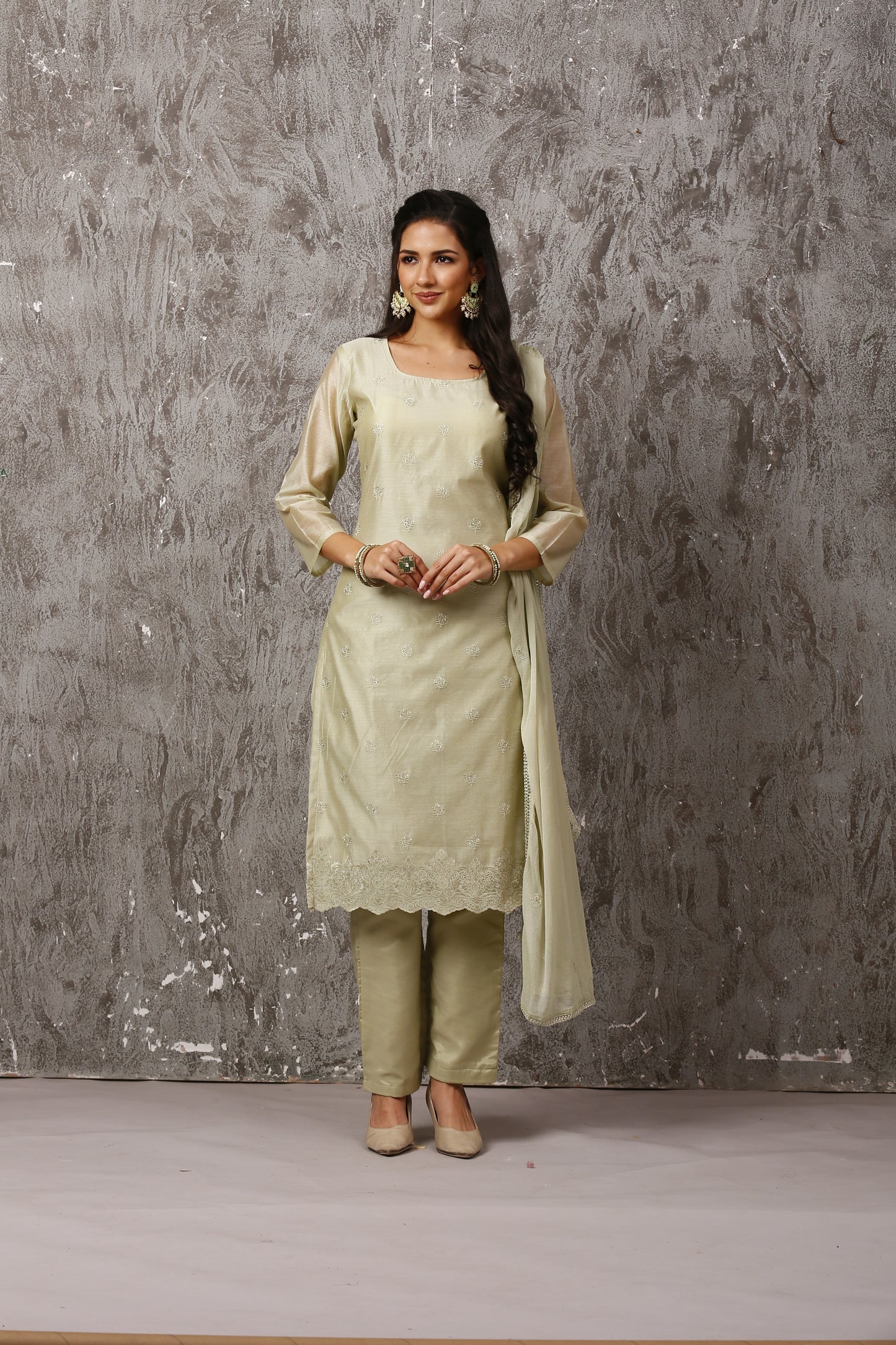 Pista Green Chanderi Embroidered Suit Set #1652