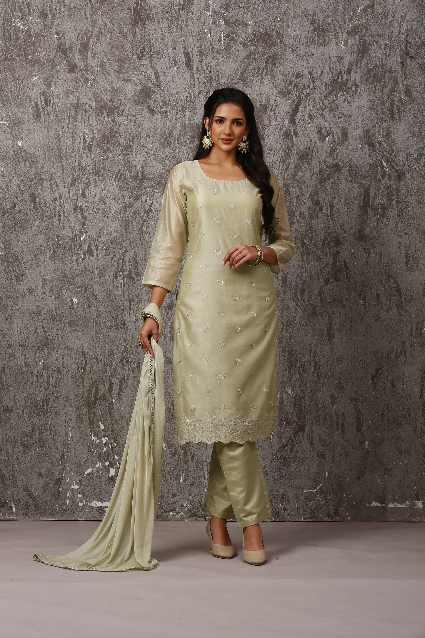 Pista Green Chanderi Embroidered Suit Set #1652