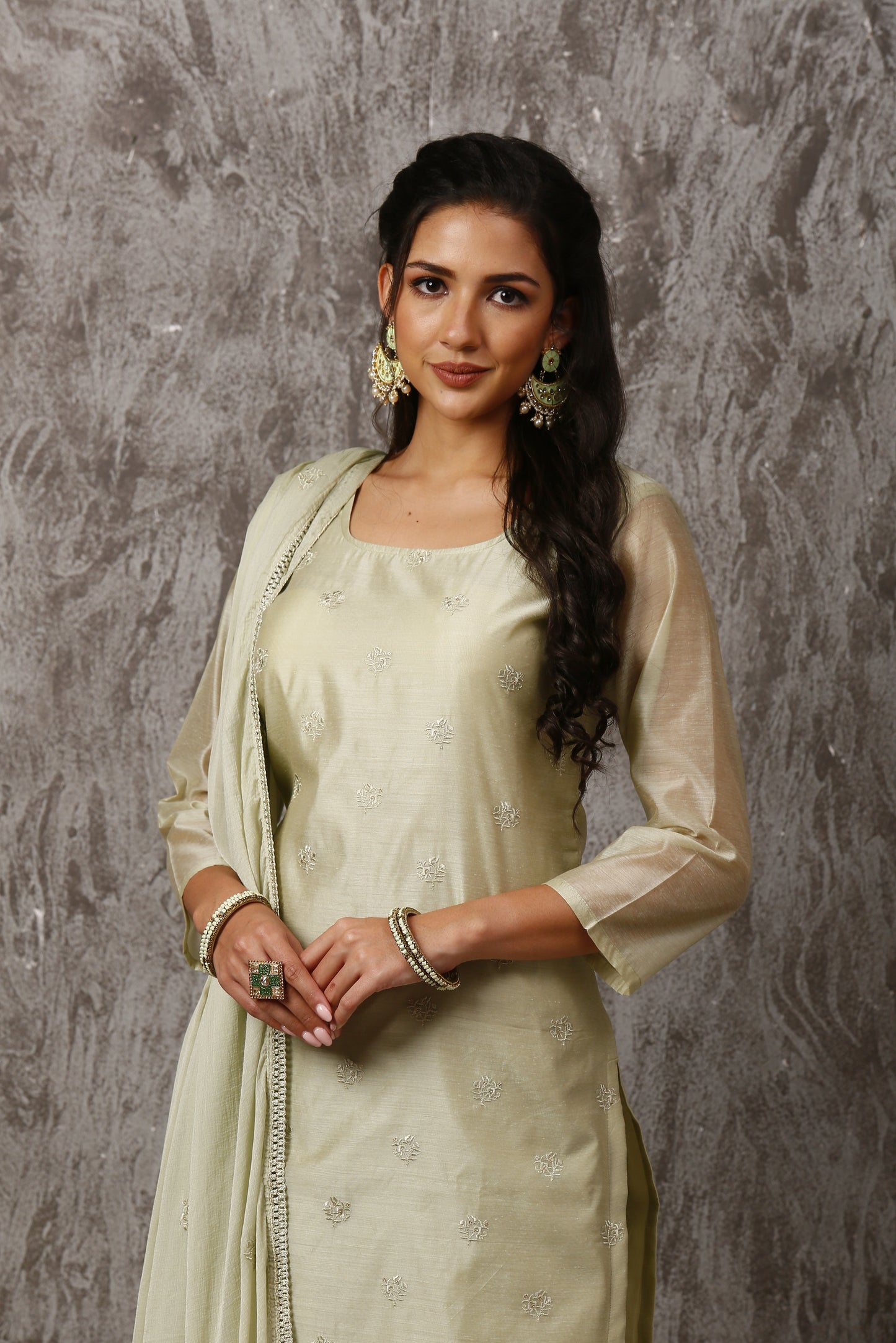 Pista Green Chanderi Embroidered Suit Set #1652