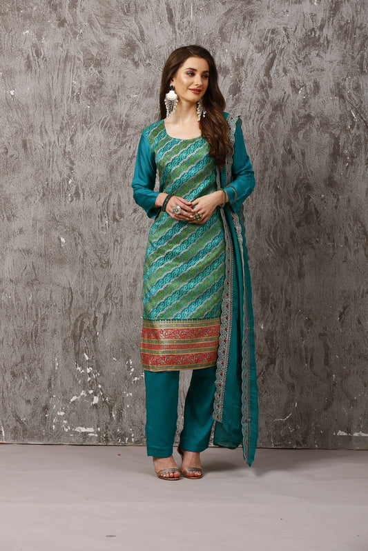 Green Elegant Jacquard Bandhani Silk Suit Set with Organza Dupatta #1649