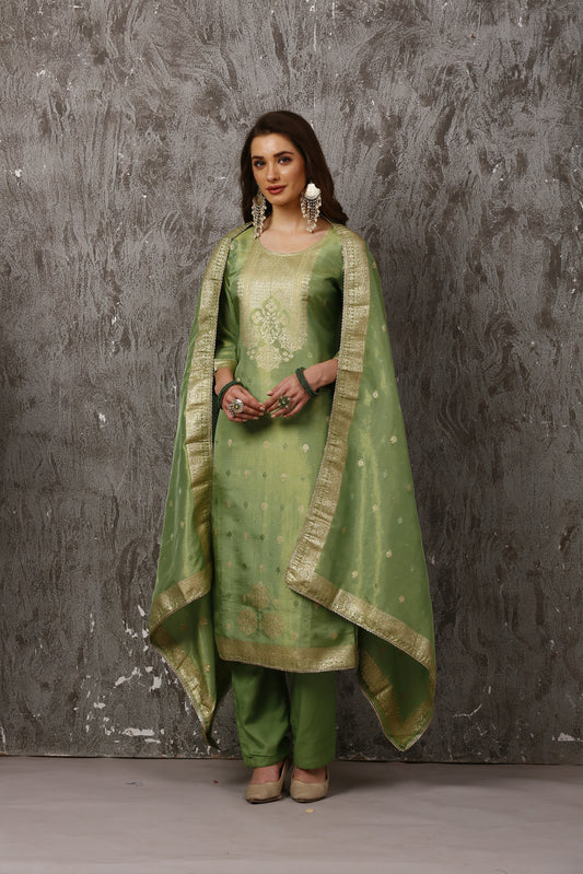 Green Tissue Shimmer Banarasi Suit Set #1600
