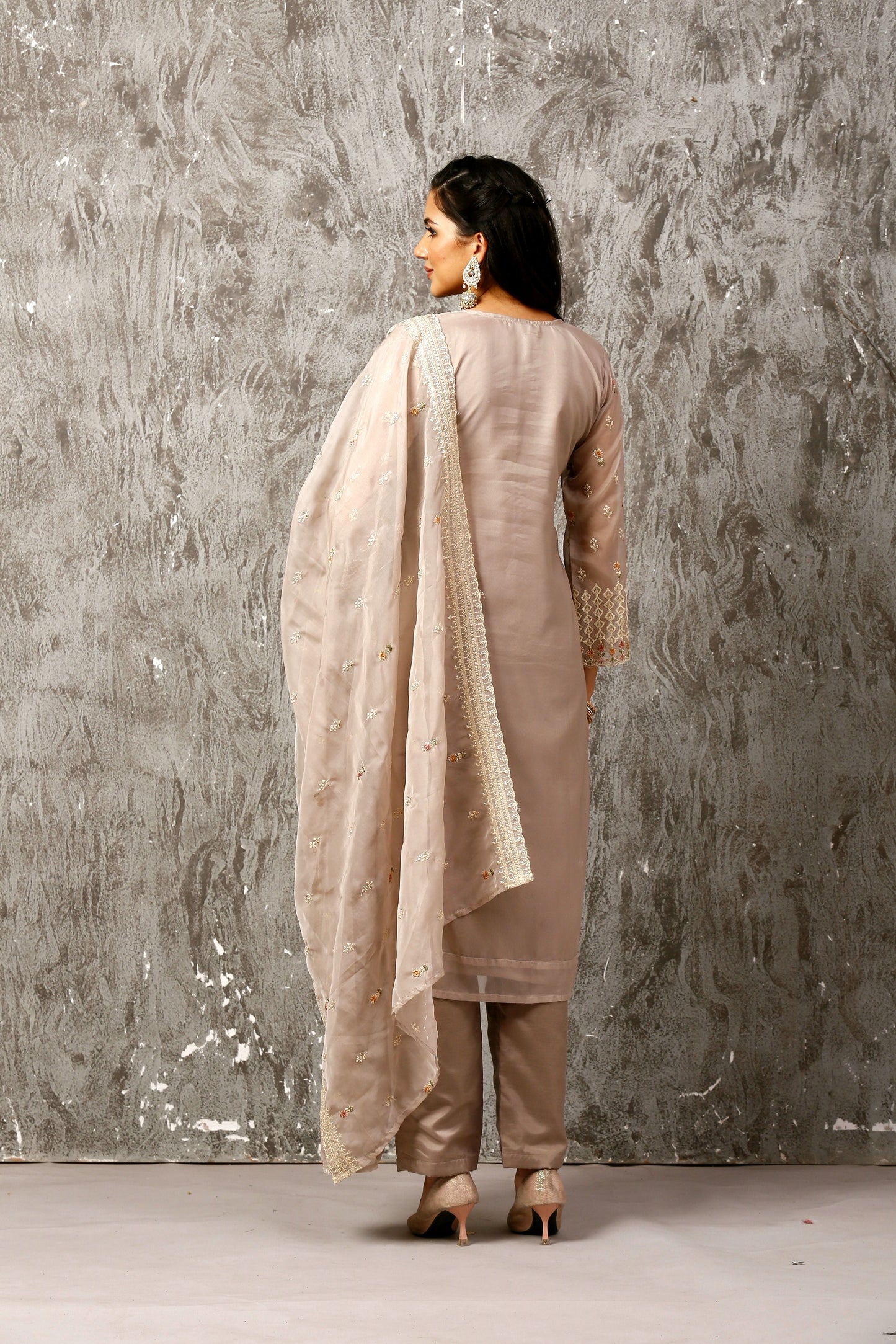 Grey Subtle Pakistani Style Organza Suit Set #1613