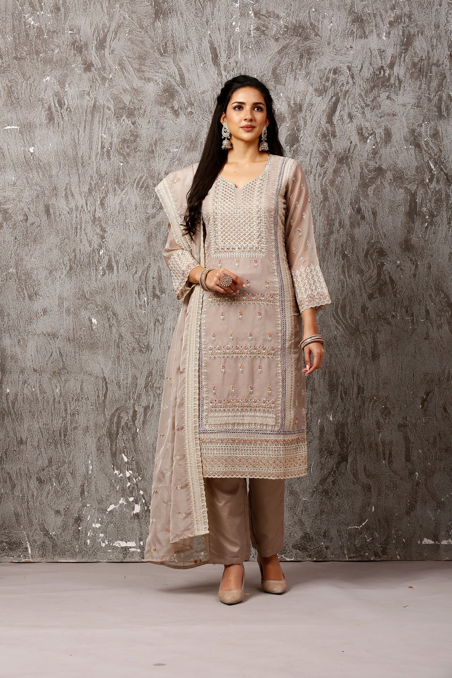 Grey Subtle Pakistani Style Organza Suit Set #1613