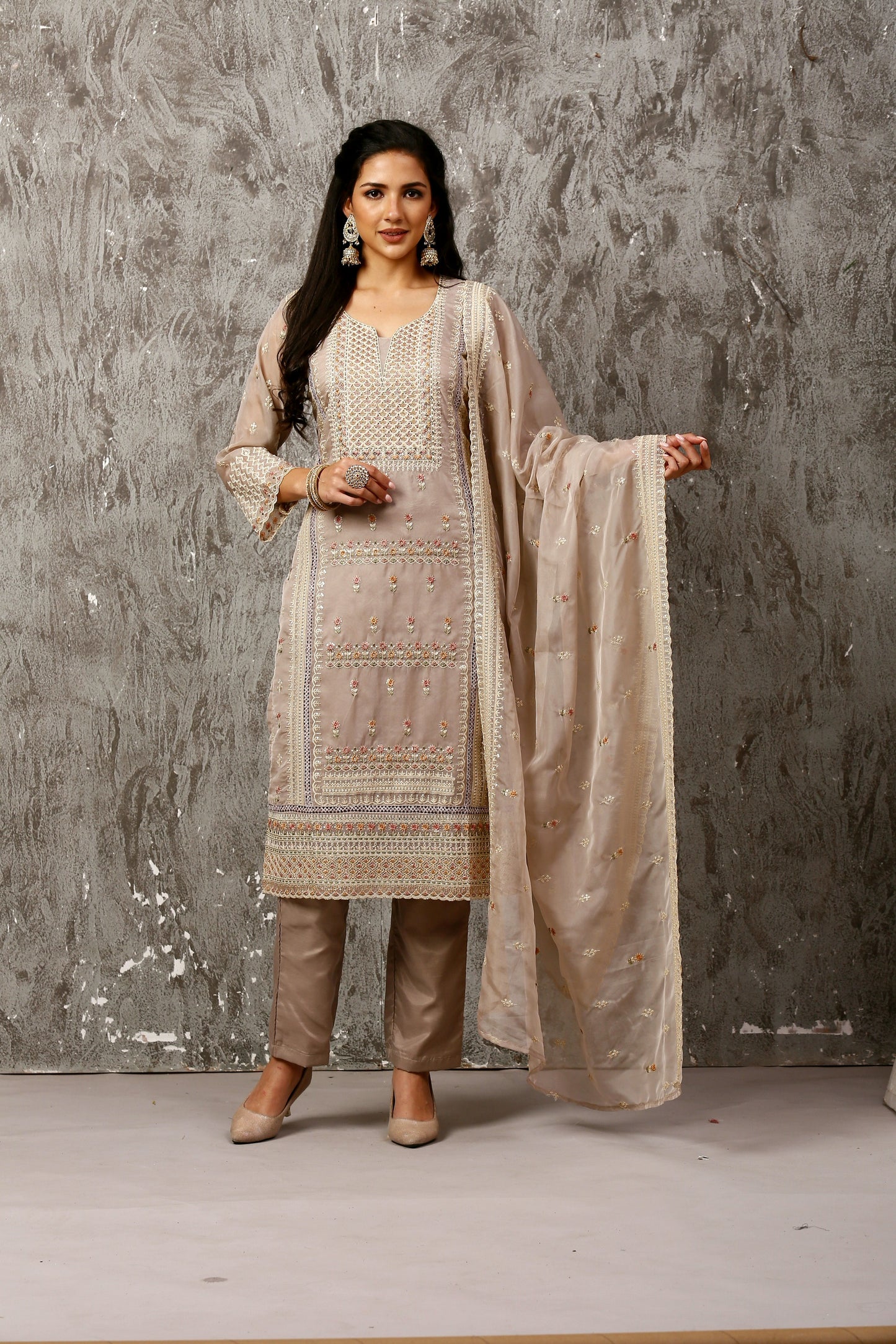 Grey Subtle Pakistani Style Organza Suit Set #1613