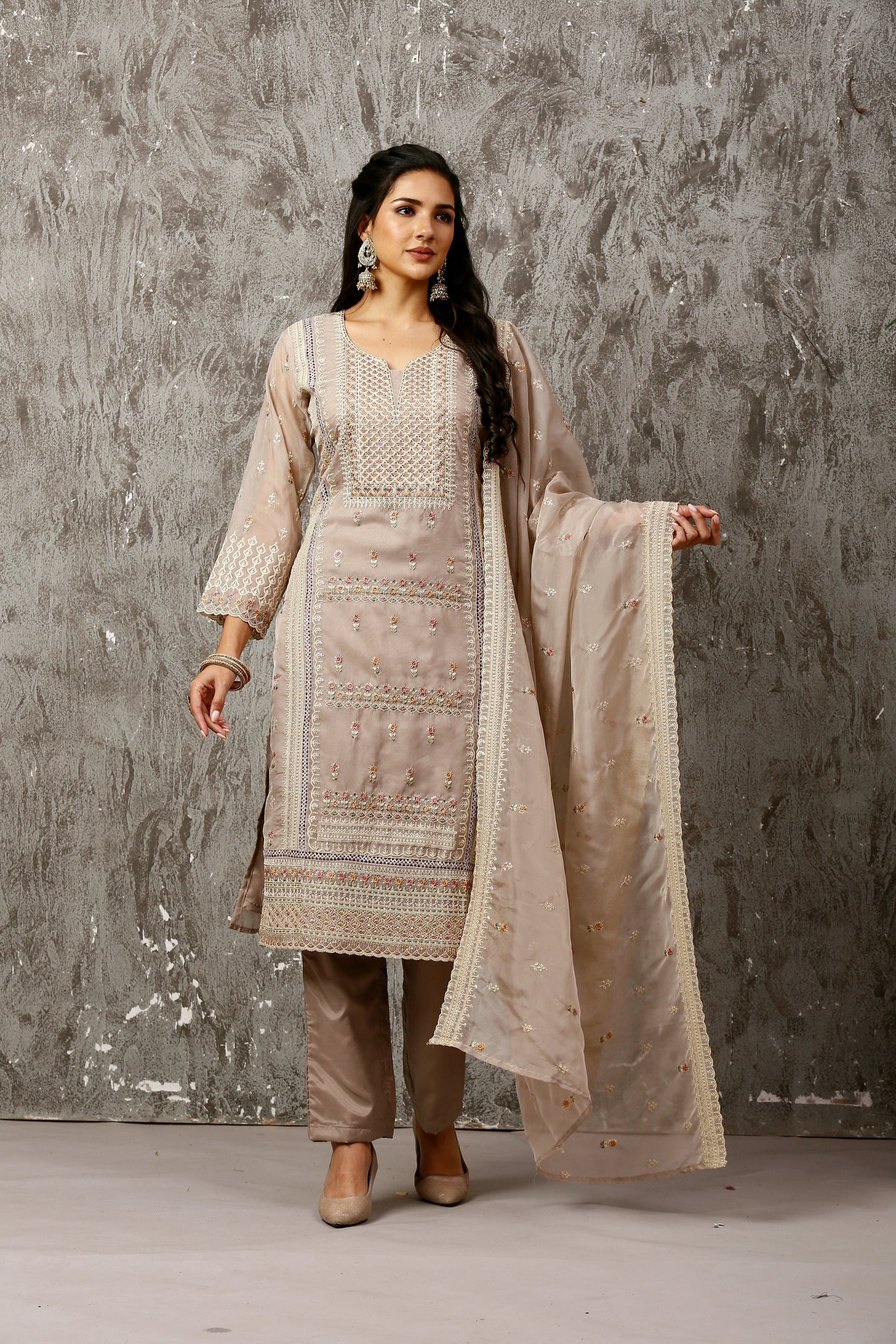 Grey Subtle Pakistani Style Organza Suit Set #1613