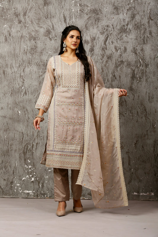 Grey Subtle Pakistani Style Organza Suit Set #1613