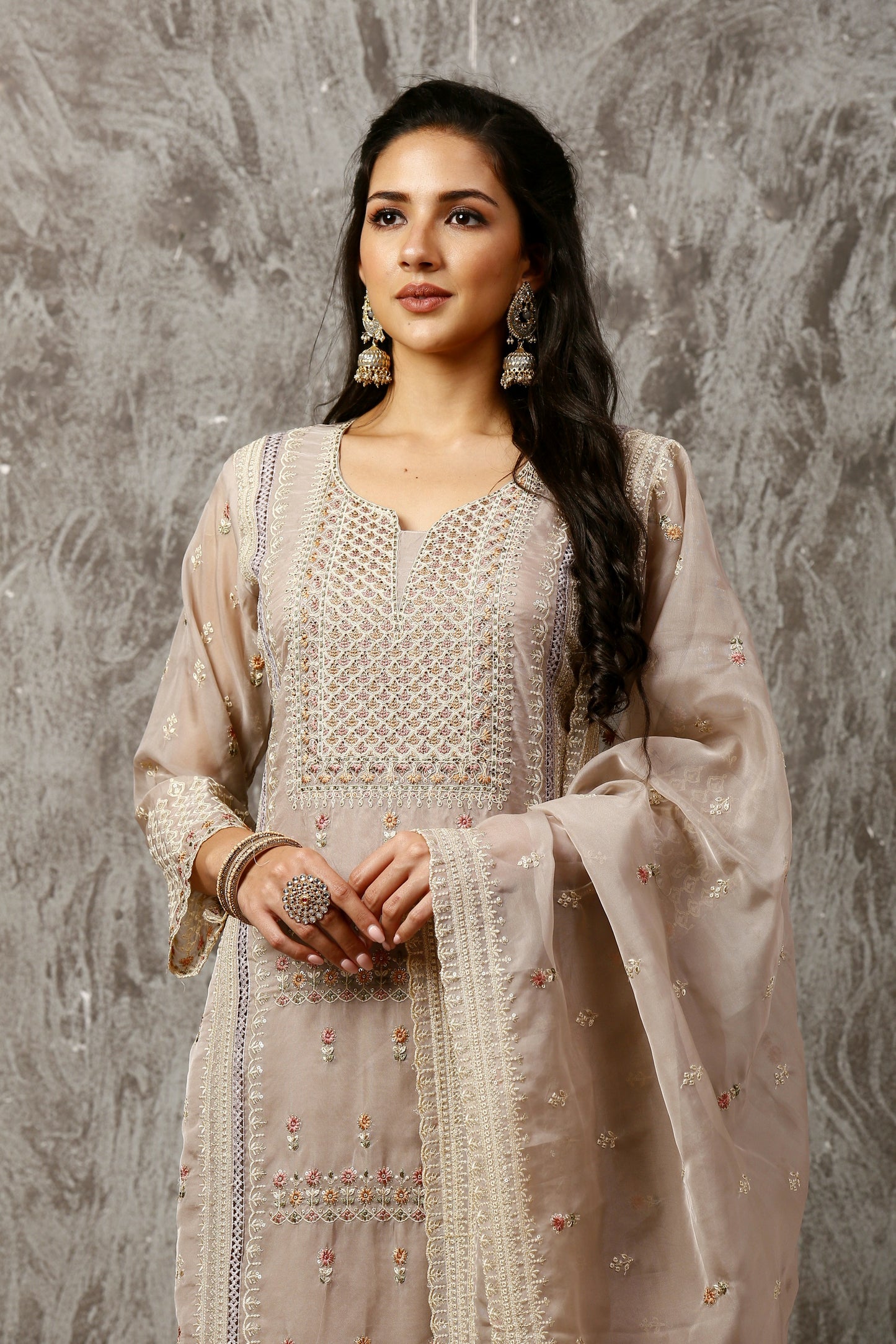 Grey Subtle Pakistani Style Organza Suit Set #1613
