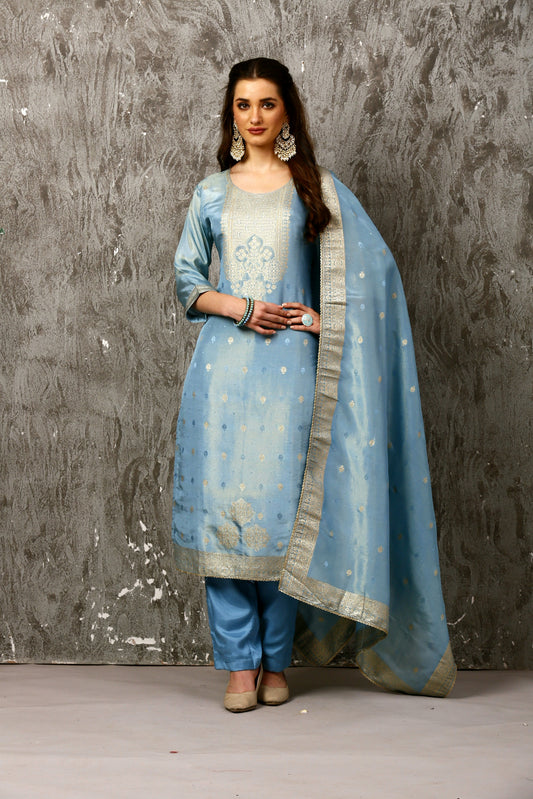 Blue Tissue Shimmer Banarsi Suit Set #1602