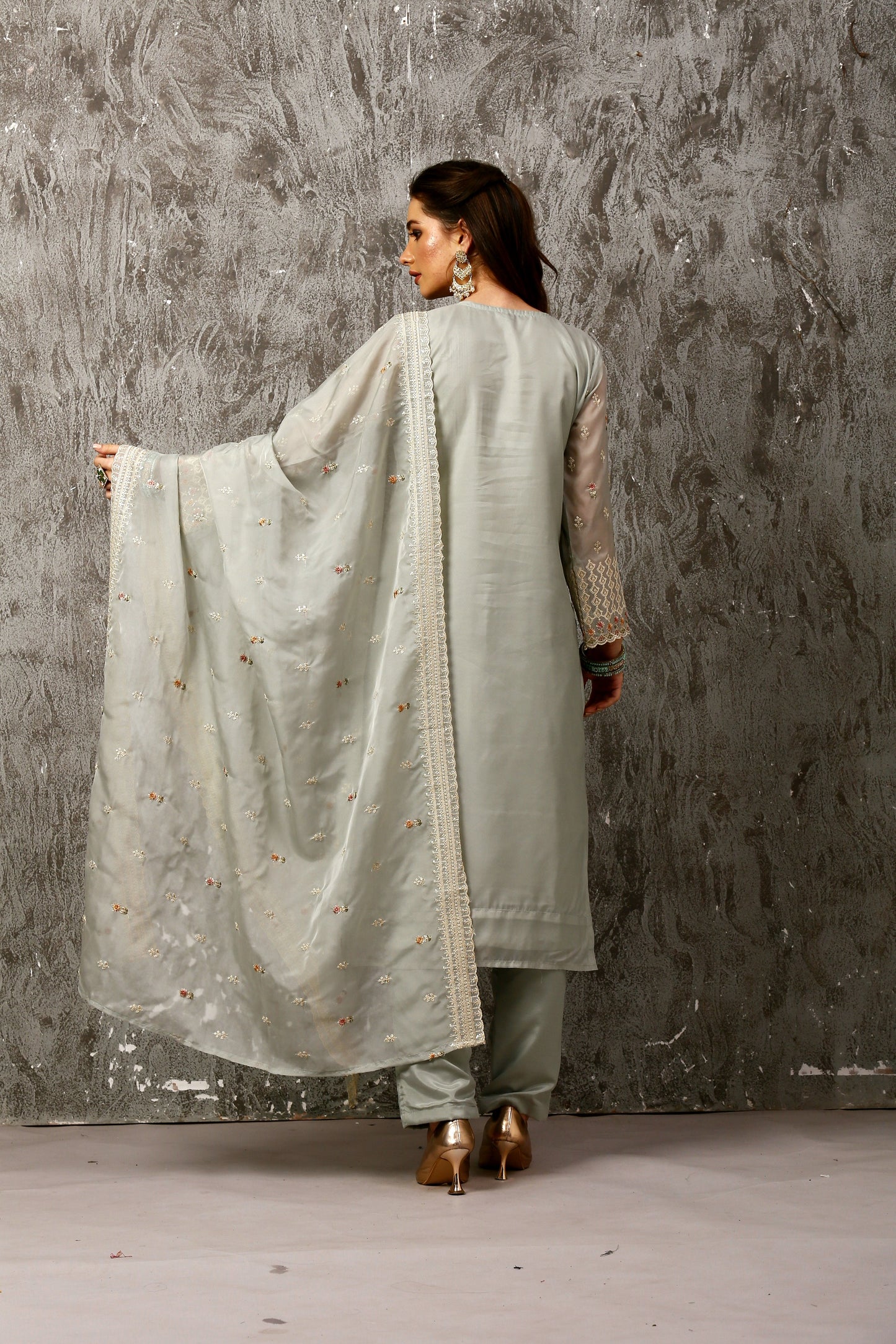 Green Subtle Pakistani Style Organza Suit Set #1612