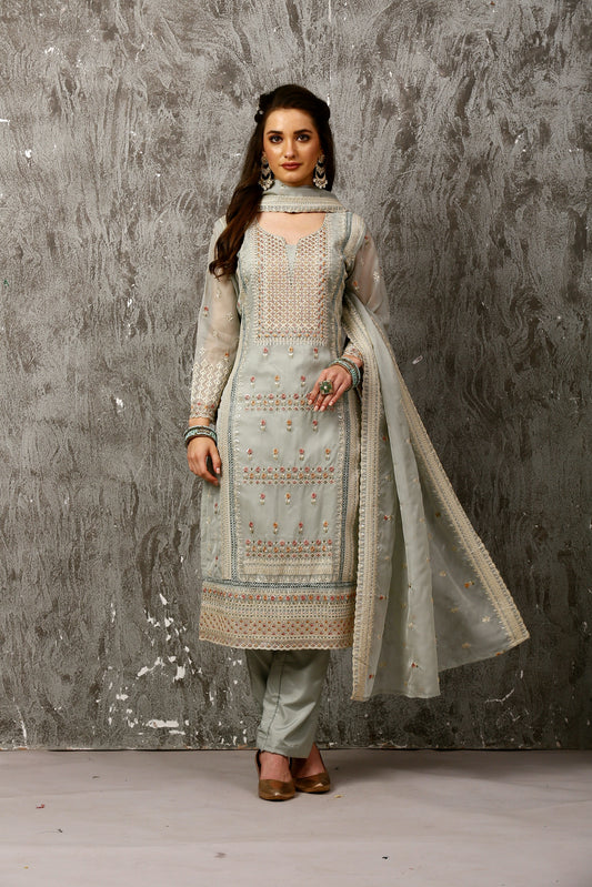 Ice Blue Pakistani Style Organza Suit Set #1612
